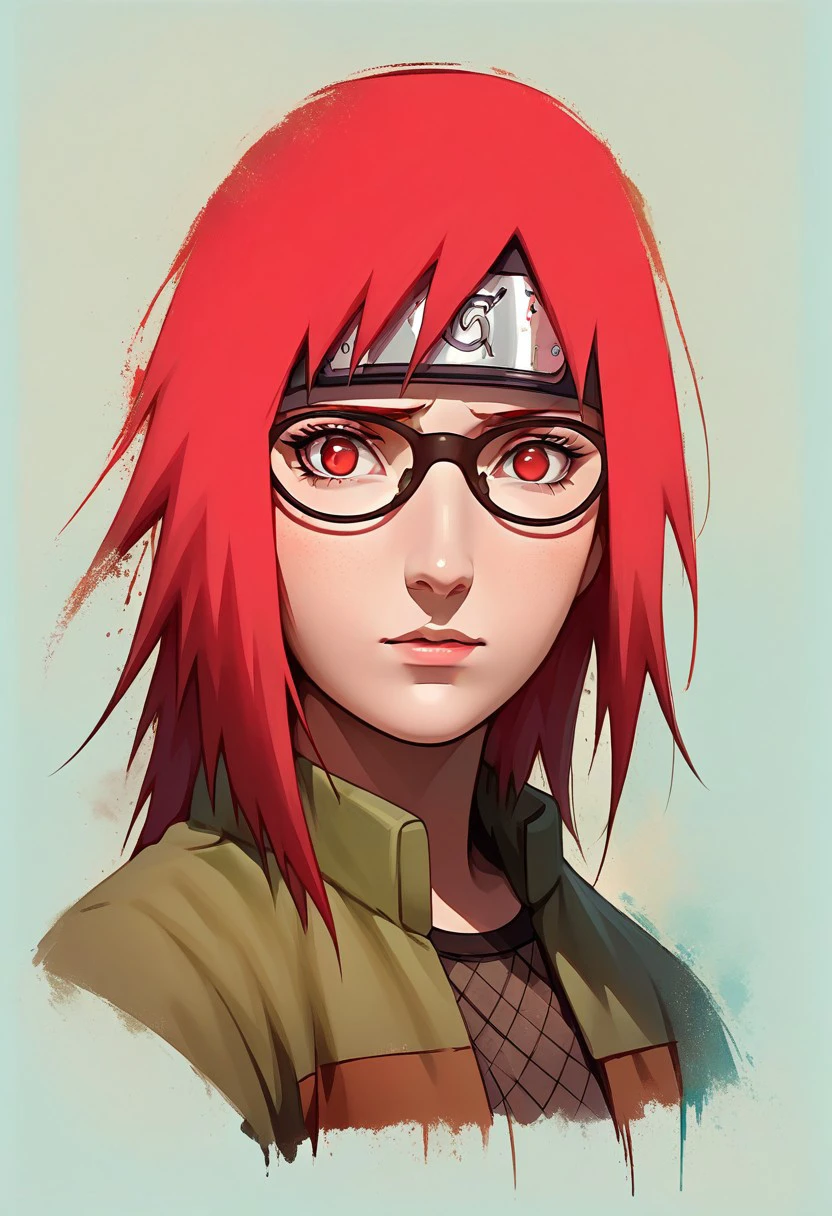 Faded Headshot, faded bottom, faded edges ,score_9,score_8_up,score_7_up,score_6_up,score_5_up,
1girl, karin uzumaki, genin, \(Naruto\), red eyes, red hair, short and spiky hair on the right side, longer and straight hair on the left side, glasses,
Fishnet top, fishnets, fishnet tights, green jacket, short sleeves, brown skirt, skirt, kusagakure symbol, toeless footwear,
digital illustration, disney, rule 63, full body, perfect anatomy, perfect face, abstract beauty, beautiful, centered, looking at the camera, approaching perfection, dynamic, moonlight, highly detailed, watercolor painting, artstation, concept art, smooth, sharp focus, illustration, 
(upper body:1.2), (close up:1.5), portrait, rated_safe,