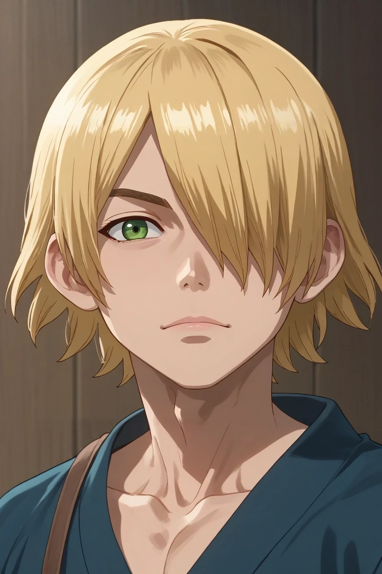 score_9, score_8_up, score_7_up, , rating_safe, , semi-realistic, looking at viewer, depth of field, 1boy, solo, male focus, <lora:ginrou_dr_stone_pony:0.76>, ginrou_dr_stone, blonde hair, green eyes, short hair, hair over one eye, , , <lora:sdxl_lightning_8step_lora:1>