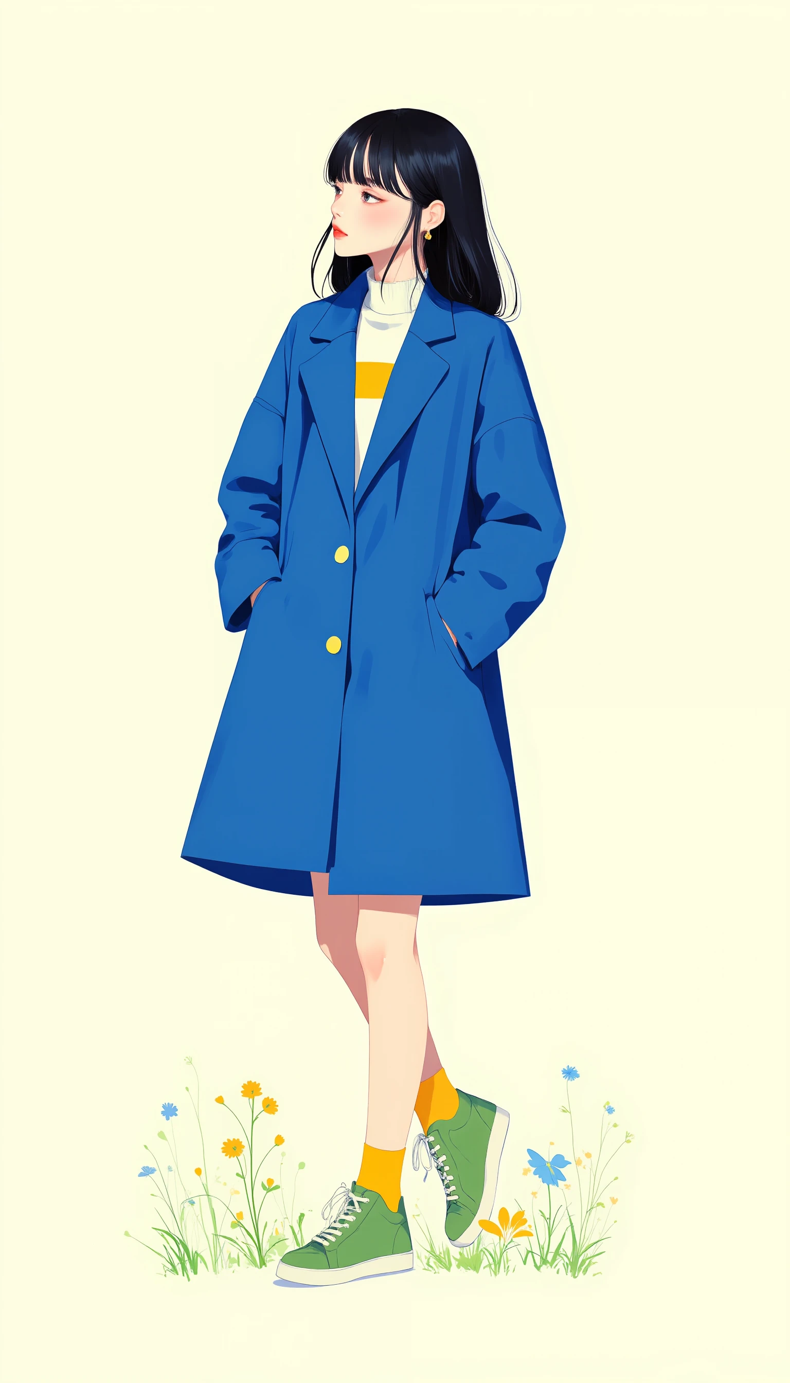 A minimalistic illustration of a modern girl where a striking shade of blue takes center stage. She wears a stylish and contemporary blue coat, walking with a light, graceful stride that evokes the freshness and clarity of spring. Green and yellow accents further enhance the refreshing atmosphere of the image. <lora:Midjourney_Whisper_Minimal:1>,