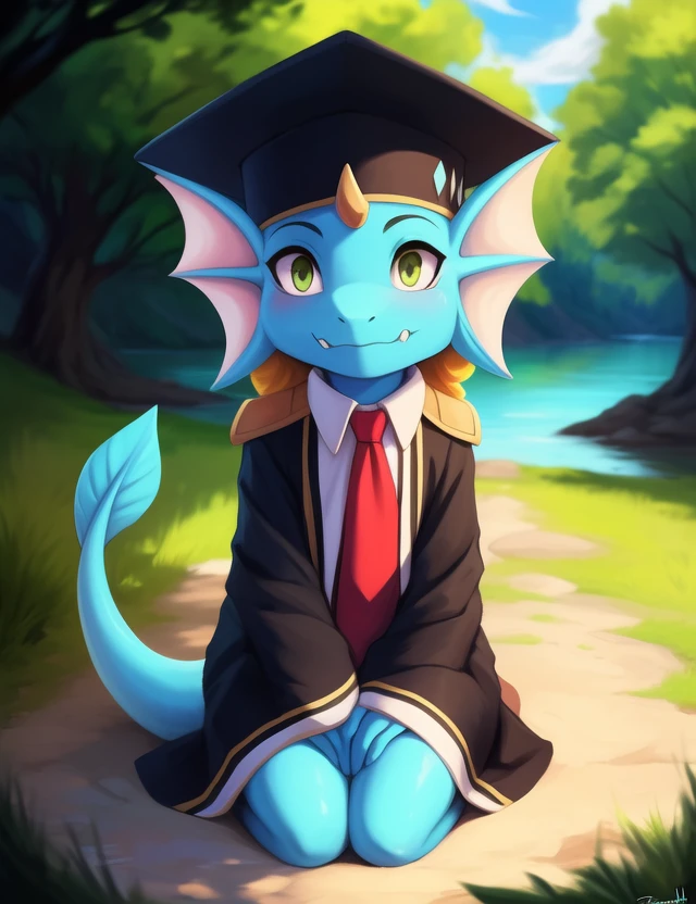 <lora:QinusAxiaYif:1> QinusAxia, blue skin, green eyes, red tie, tail, fangs, hat, cloth, black robe, white shirt, boots,  Chibi, 
Looks at the viewer, ((kneeling on one leg))
[River, lake, grass, trees, day, sky with clouds, ]
(beautiful, aesthetic, perfect, delicate, intricate, saturated colors), masterpiece, digital drawing, best quality,
[by dagasi|ancesra:0.6], [by foxovh|personalami:0.5], [by einshelm|tom_fischbach],