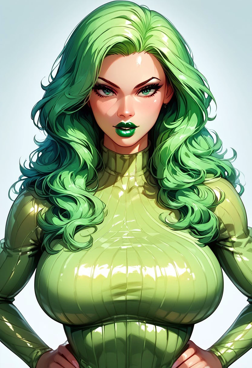 score_up_9, score_up_8, score_up_7, best quality, hd, 2d, full body, body, looking at viewer, upper body, bold colour,
Vertigo (Marvel), 1girl, solo, green hair, green eyes, green lipstick,shiny clothes, bodysuit, long hair, full body, hand on hips,beautiful face, luscious lips, glossy lipstick,