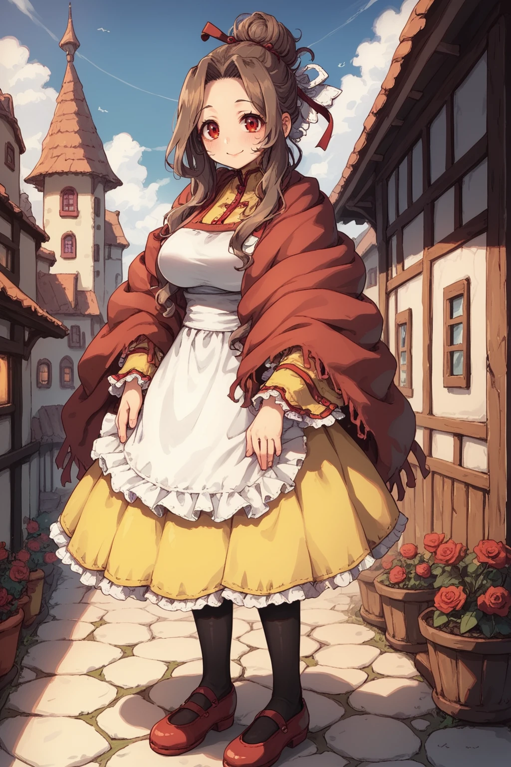 score_9, score_8_up, score_7_up, score_6_up, source anime, BREAK, <lora:Mistel:0.7> , misdef, 1girl, long hair, brown hair, red eyes, hair bun, hair ribbon, ribbon, dress, yellow skirt, frilled cuffs, red shawl, white apron, apron, black pantyhose, red shoes, full body, looking at viewer, smile, happy, mommy, motherly, closed mouth, serene, large breasts, (mature woman), <lora:zy_Detailed_Backgrounds_v1:0.3> , detailed background, highly detailed,  exterior, town, village,  <lora:d4rkpurpXLP:0.6> , d4rkpurp, (solo),