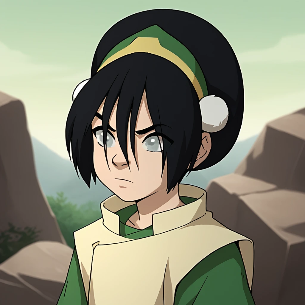 score_9_up, score_8_up, BREAK, 1girl, solo, TophBeifong, black hair, short hair, hair between eyes, blind, grey eyes, hairband, tunic, upper body,   <lora:TophBeifong_TheLastAirbender_PXL_Leaf1:1>, outdoors, rock,