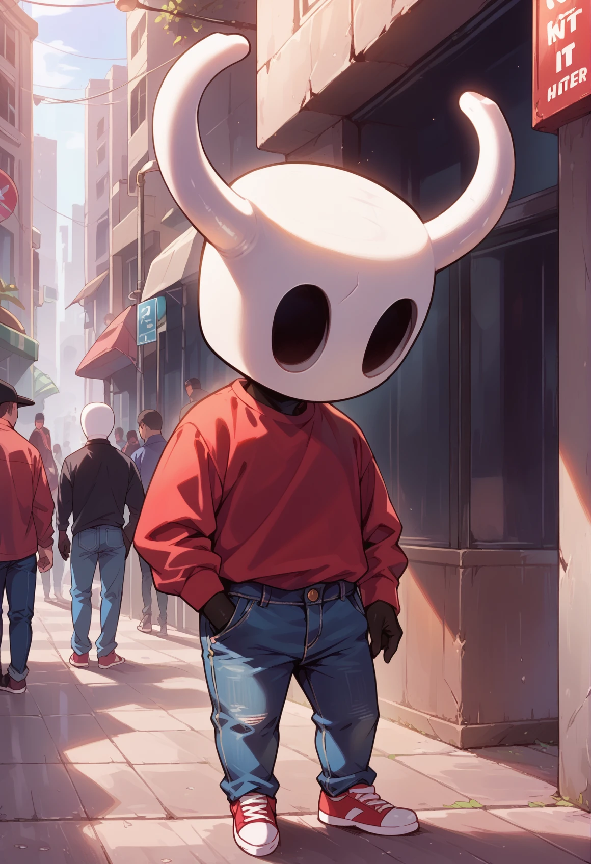 1other, <lora:knight_hollow_knight-000010:1>, knight_\(hollow_knight)\, horns, black skin, mask, hollow eyes, cap, red shirt, jeans, standing, full body, modern city street, score_9, score_8_up, score_7_up, score_6_up