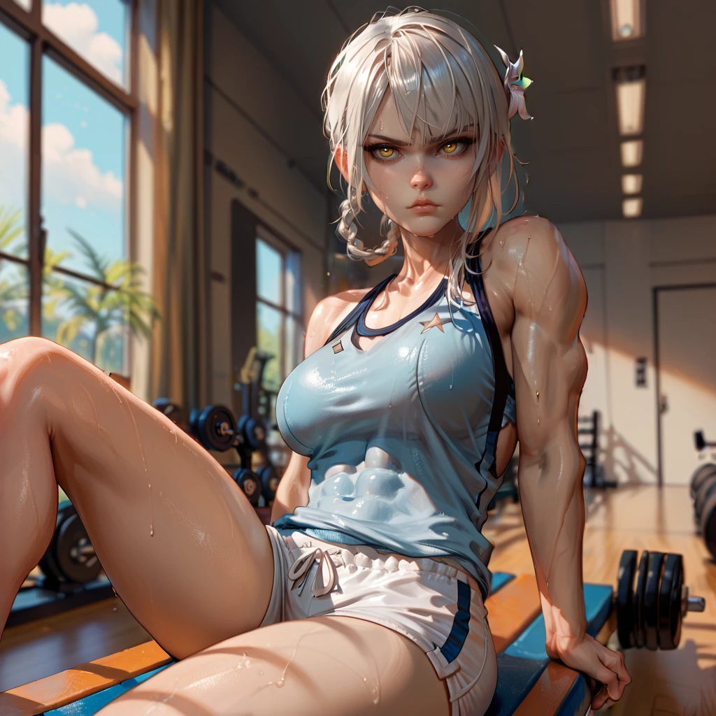 1girl,solo,<lora:epoch-000015:1>,nier-kaine,white hair,single hair ring,asymmetrical hair,hair flower,yellow eyes,gym shirt, gym shorts, 
indoors,gym,
sitting on gym bench, heavy breathing, sweat, sweatdrop, muscular female, looking at viewer, pout, angry, arm support,, score_9, score_8_up, score_7_up, perfect anatomy, source_anime, zPDXL2,