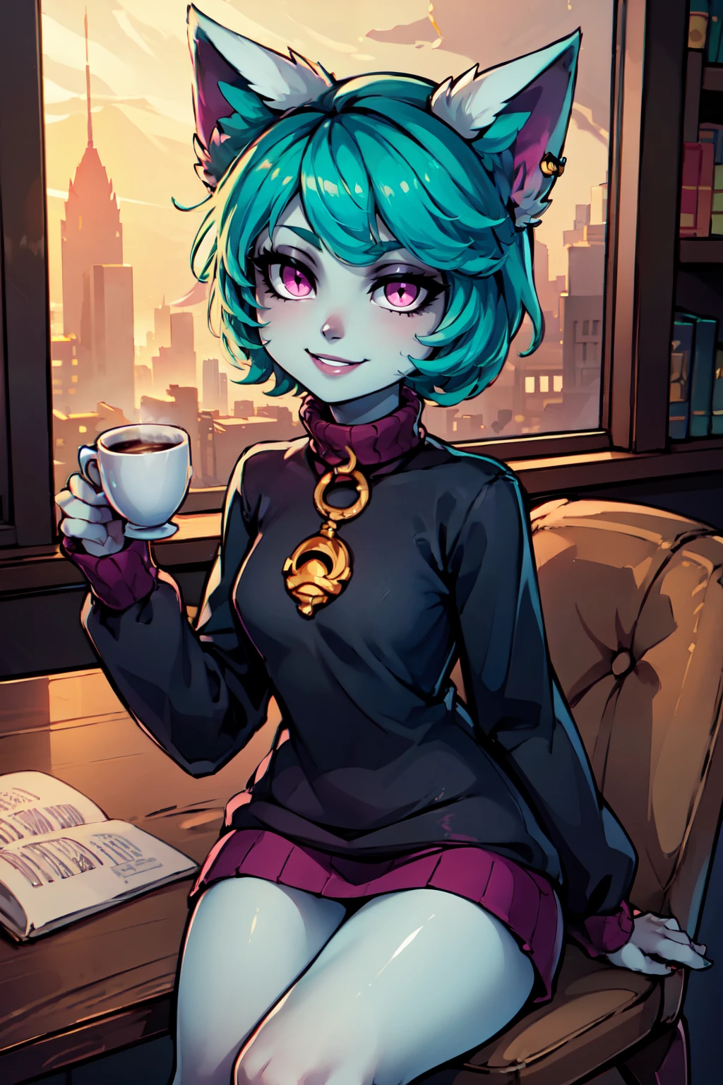 ((masterpiece,best quality)), absurdres,  BREAK, , <lora:Vex_LeagueOfLegends:0.7>,  zzVex, pink eyes, green hair, bangs, short hair, grey skin, colored skin, white animal ears,  purple collar, , BREAK, turtleneck sweater, earrings, library, cup of coffee, sitting at table, BREAK, solo, smile, looking at viewer, cowboy shot,