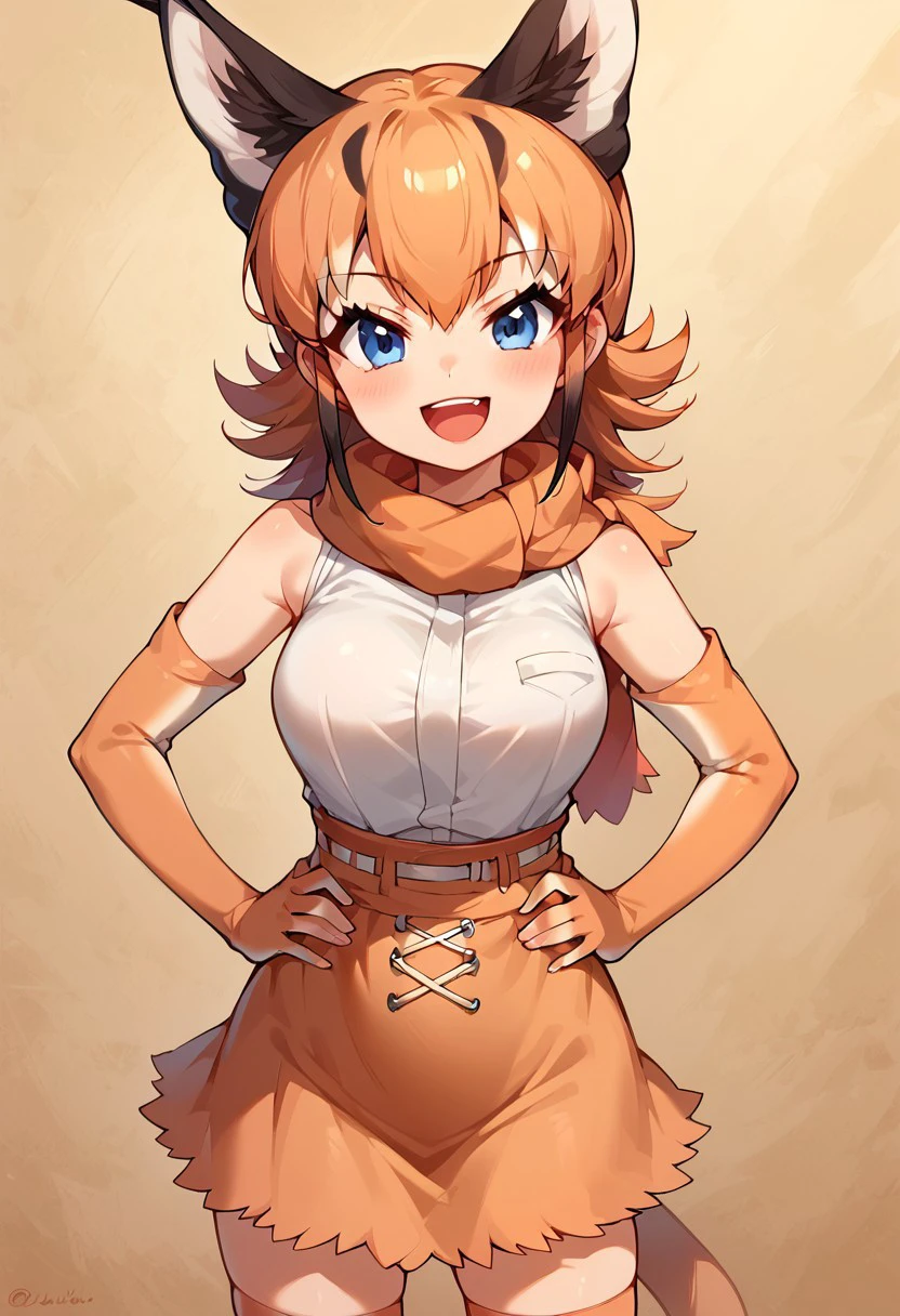 1girl, ((solo)), best quality, ultra-detailed, extremely detailed, perfect anatomy, masterpiece, score_9, score_8_up, score_7_up, caracal (kemono friends), animal ears, animal ear fluff, orange hair, tail, blue eyes, long hair, multicolored hair, white shirt, sleeveless shirt, orange skirt, skirt, orange bowtie, elbow gloves, bare shoulders, thighhighs, shoes, standing, hands on hips, open mouth smile, cute look, confident look, looking at viewer, happy, African savanna background, posing,