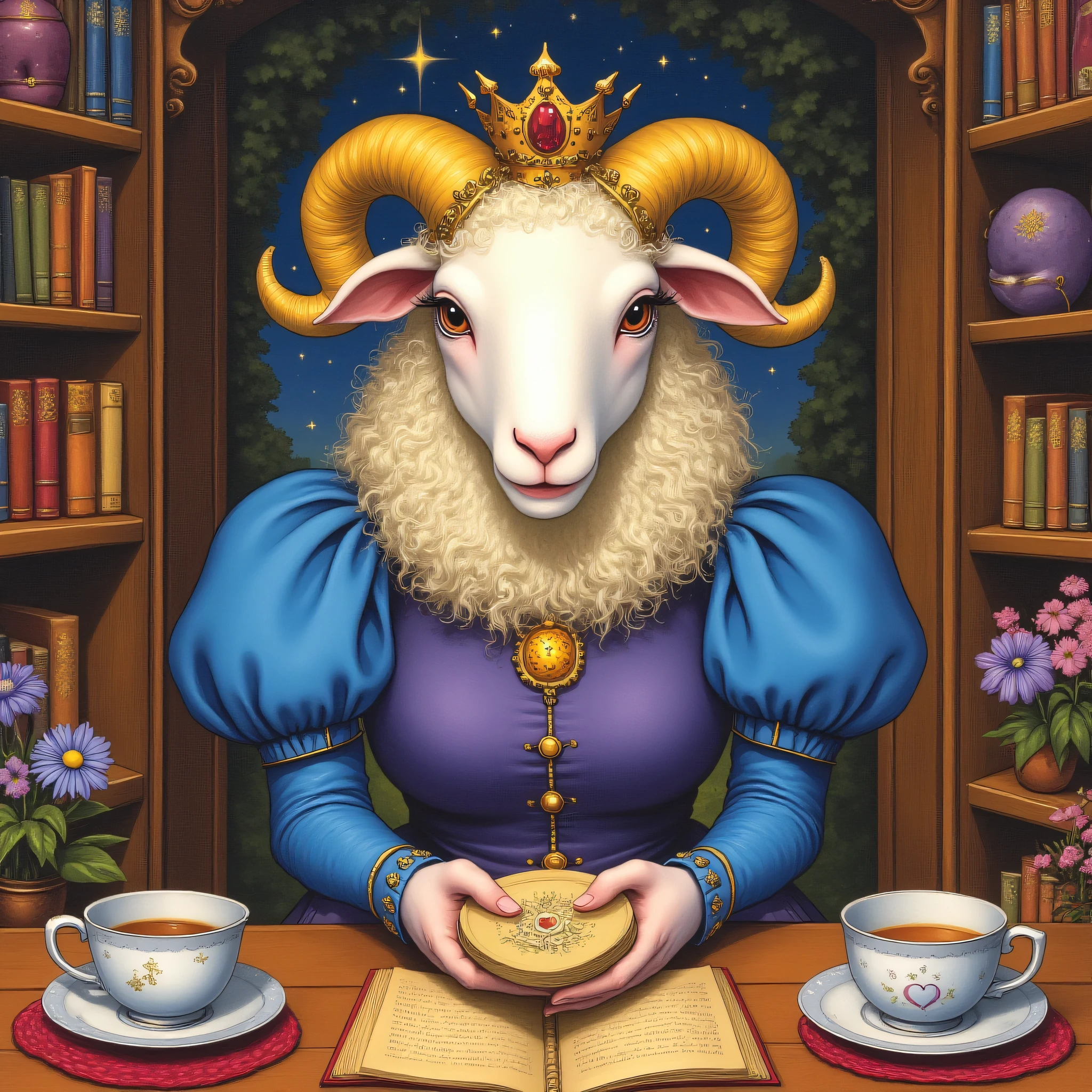 ArsMJStyle, Wonderland, The image shows a painting of a sheep wearing a blue dress and a crown holding a book in its hands standing in front of a table with a cup saucer papers and other objects on it. To the left of the table is a flower pot with flowers and in the background there are shelves filled with books and other items., book, 1girl, curly hair, jewelry, solo, dress, puffy sleeves, horns, holding, blue dress, star (sky), long sleeves, teacup, shelf, flower