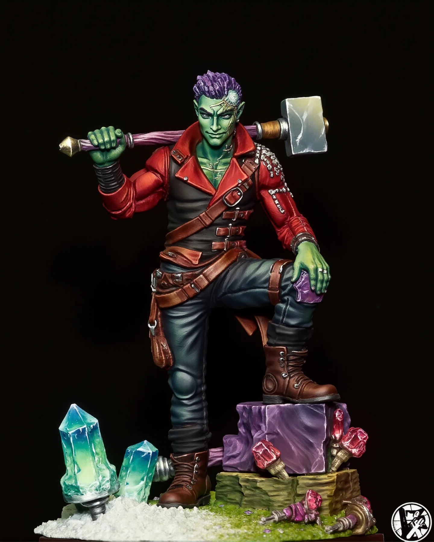 RAW Photo of an Handpainted Miniature  of Ashton Greymoore, Purple Crystal Hair, Red Jacket, Kintsuji green skin he has his crytal hammer on the ground. Fullbody. In front of a black background.