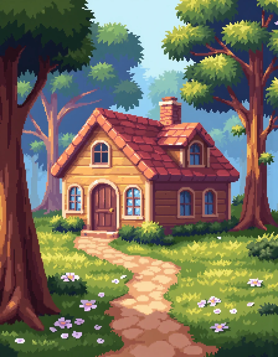 pixel art, a cozy cottage in the woods, warm colors