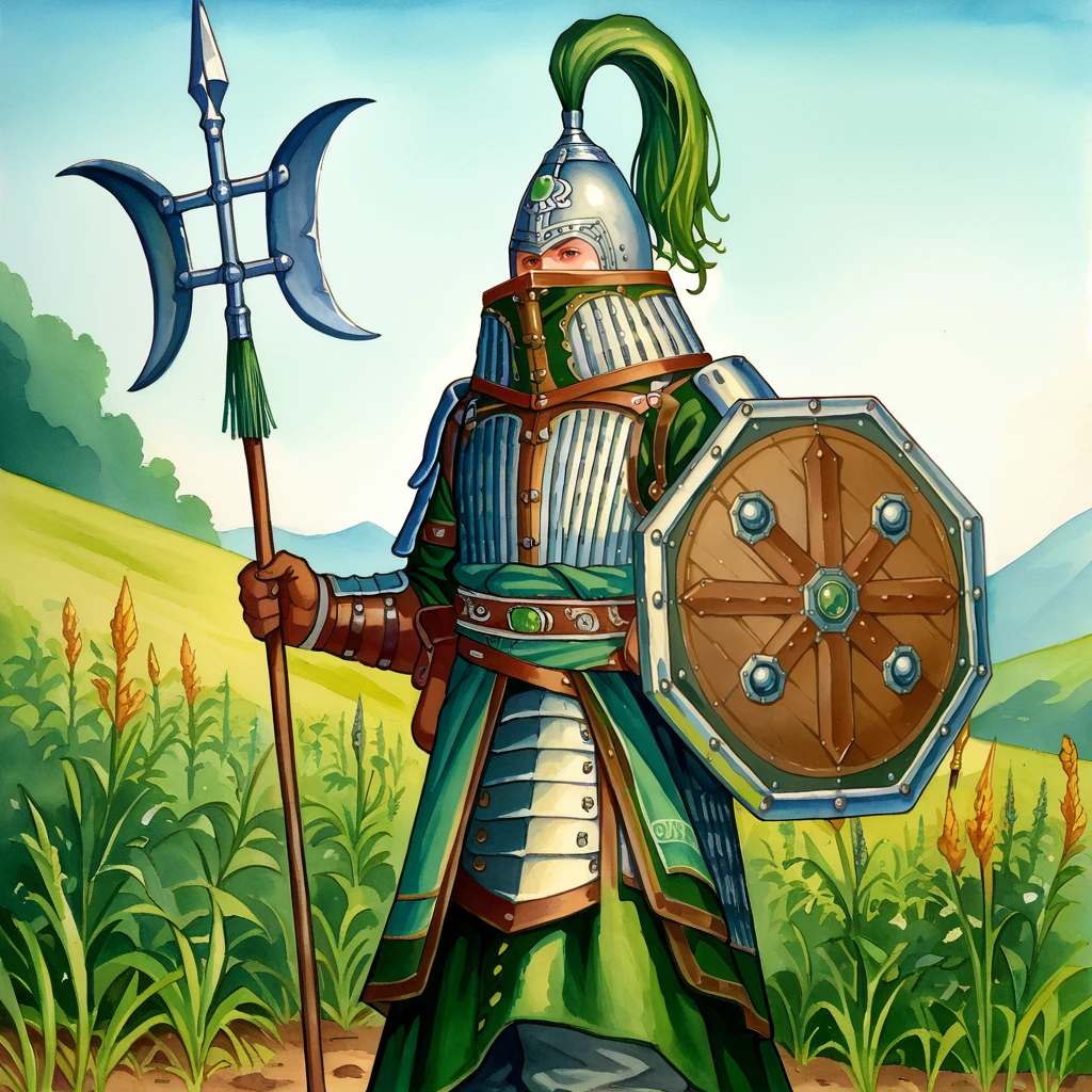 score_9_score_8_up, score_7_up, 2d, watercolor, traditional media,
JadeWarrior, armor, helmet, plume,
holding polearm, halberd, holding shield,
 <lora:JadeWarrior_PonyXL:1>