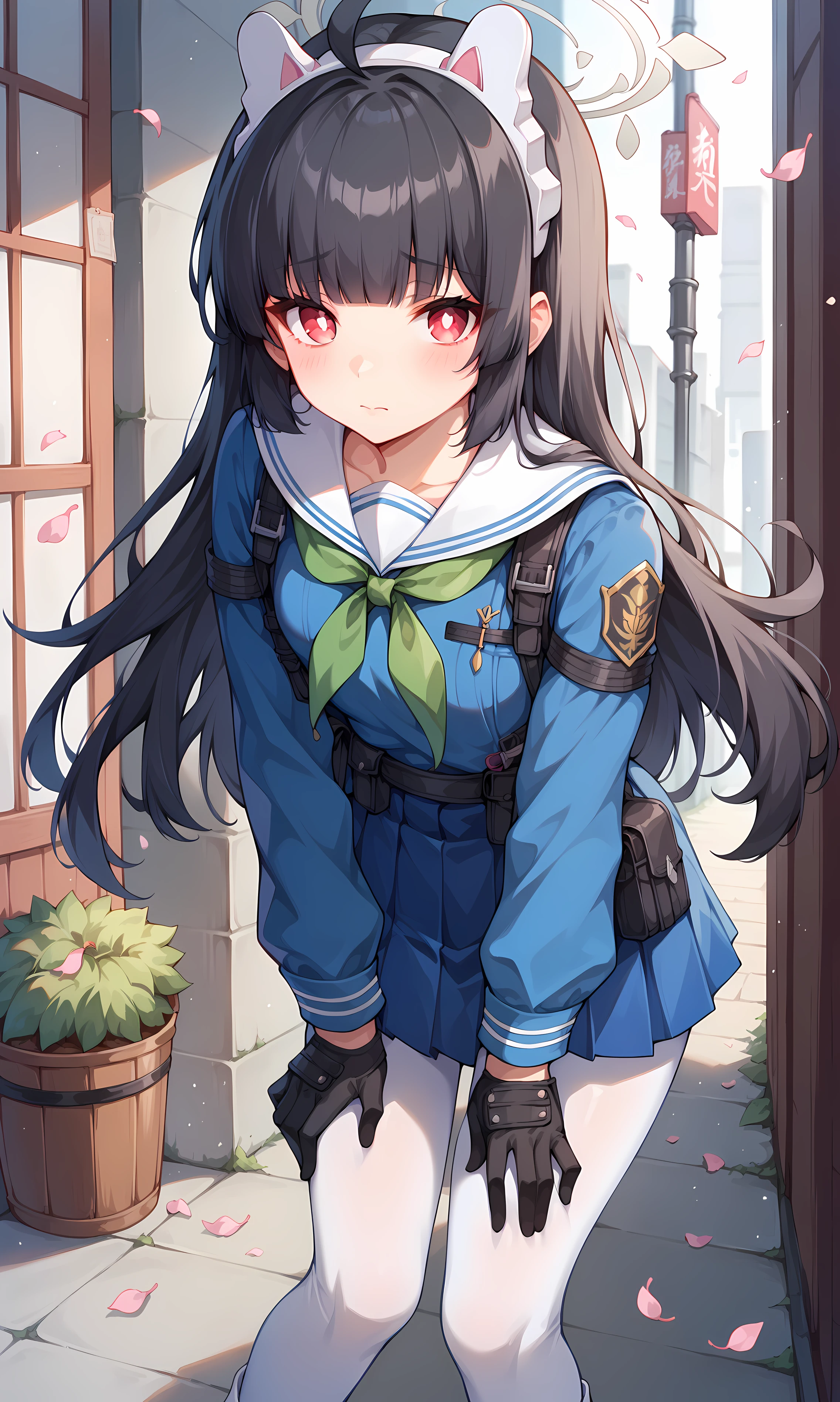 score_9, score_8_up, score_7_up, BREAK source_anime, 1girl, solo, outdoors, street, cherry blossoms, cowboy shot, standing, looking at viewer, miyu, red eyes, black hair, long hair, blunt bangs, ahoge, leaf on head, fake animal ears, halo, white pupils, blue uniform, blue shirt, long sleeves, black gloves, white serafuku, green neckerchief, blue skirt, pleated skirt, white pantyhose, white sneakers, leaning forward, closed mouth