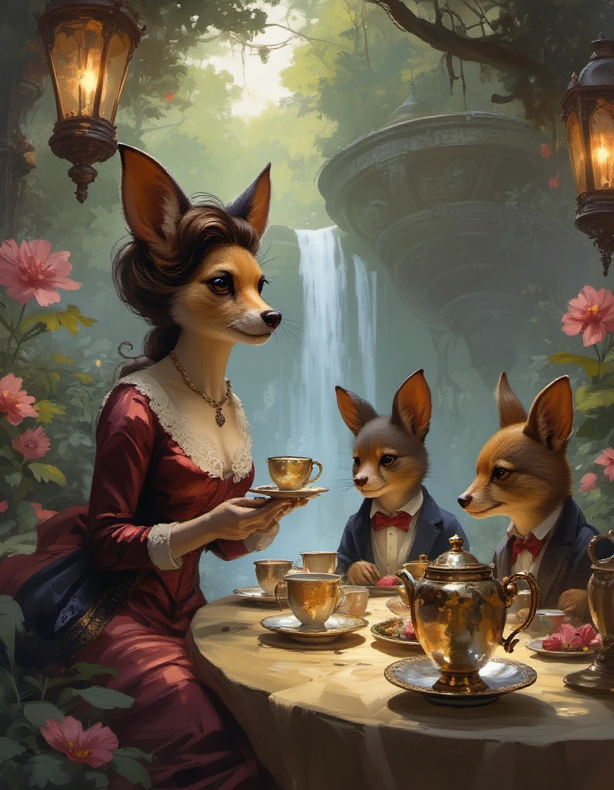 digital painting of a whimsical tea party in a magical garden: Anthropomorphic animals dressed in Victorian attire, sitting around a beautifully set table with intricate teapots and cups. The garden is filled with oversized flowers, glowing lanterns, and a gentle waterfall.