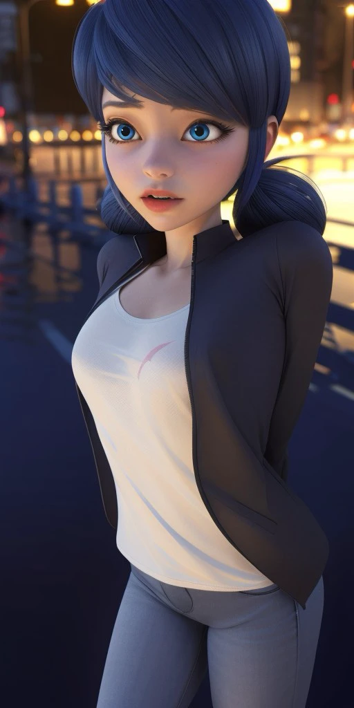 Hyperrealistic, photorealistic, super detailed, ((unbuttoned jacket)), ((white T-shirt)), ((pink jeans)), bright bluebell eyes, shoulder-length black hair with blue reflections tied back in pigtails, light pink lips, body like in real life, large pores, fair skin, slender, beautiful arms, (((very little very flat breasts))), thin legs, unreal engine, octane render, droped shadow, bokeh, cinematic lighting, <lora:add_detail:0.5>, <lora:Volumetric_lighting:0.6>, Marinette Dupen-Cheng, <lora:0ebf8afa-7d09-4dae-bd9d-4a98d209c712:0.7>