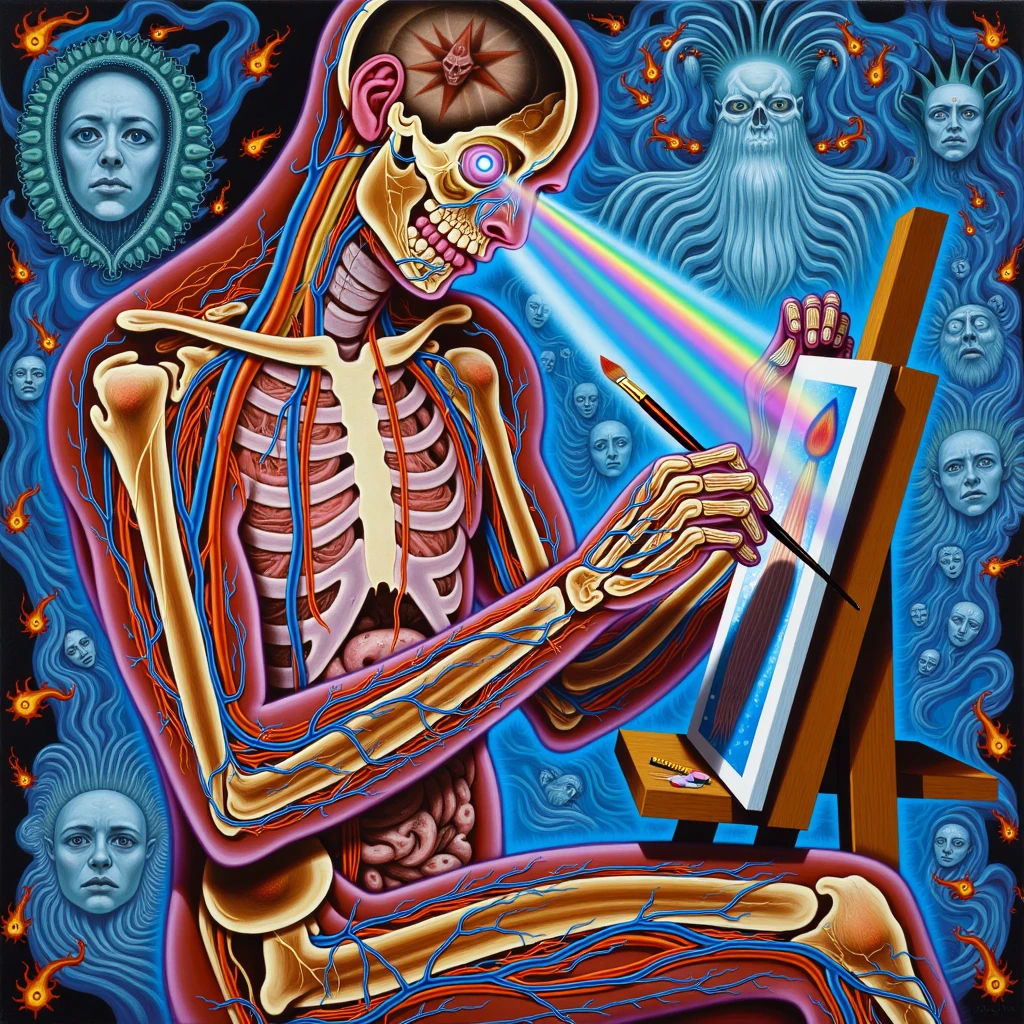 AX6RY, Human figure with transparent skin revealing organs and veins, rainbow-colored light emitting from the eyes, paintbrush in hand, painting on canvas, blue and orange background with swirling patterns, faces and mystical creatures in the background