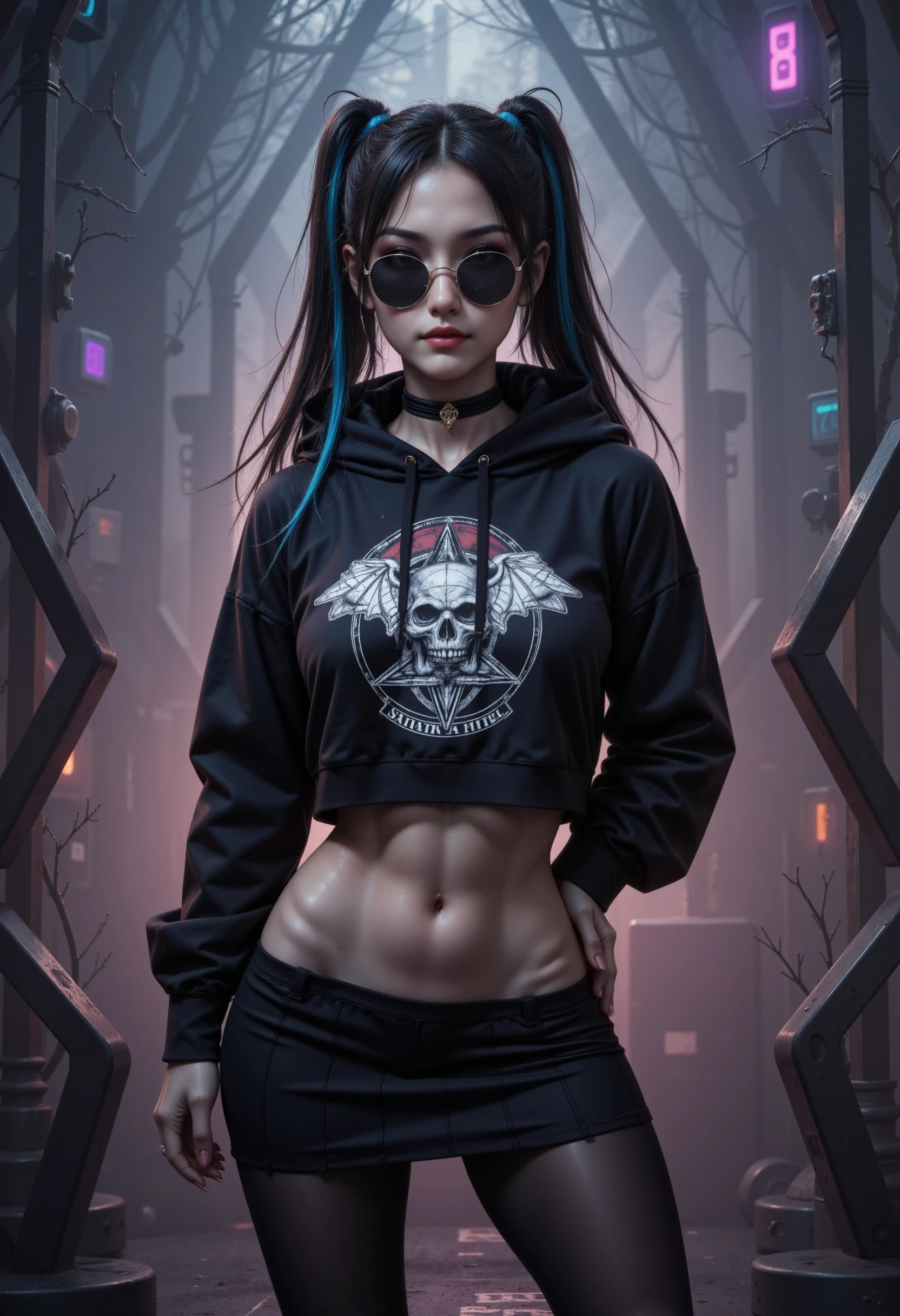 A highly detailed, photorealistic image of a death metal goth model standing confidently in an artistic, surreal environment. The model is wearing a black cropped hoodie featuring intense, detailed death metal artwork, Venom Cover, Satanic, Pentagram, in white,underboob, paired with a pleated black skirt and dark, edgy accessories like round sunglasses, black lipstick, and piercings. Her long, black hair is styled in high pigtails with blue streaks, and her makeup is dark and dramatic, emphasizing her goth aesthetic.

The background is an abstract, moody scene filled with dark, swirling mists, sharp geometric shapes, and ethereal glows of deep purples and blues. The environment feels like a gothic dreamscape, with elements of shadowy forests, floating skeletal structures, and a haunting atmosphere. Soft, eerie lighting casts long, dramatic shadows, enhancing the gothic and death metal vibe. The model stands out as the focal point, exuding confidence and a rebellious attitude, perfectly embodying the dark, intense mood of the scene.