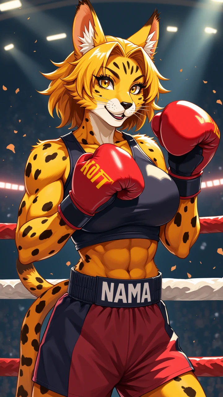 flat 2d anime illustration,cheetah girl preparing to fight inside of a boxing ring, wearing boxing gloves and mixed martial arts equipment,