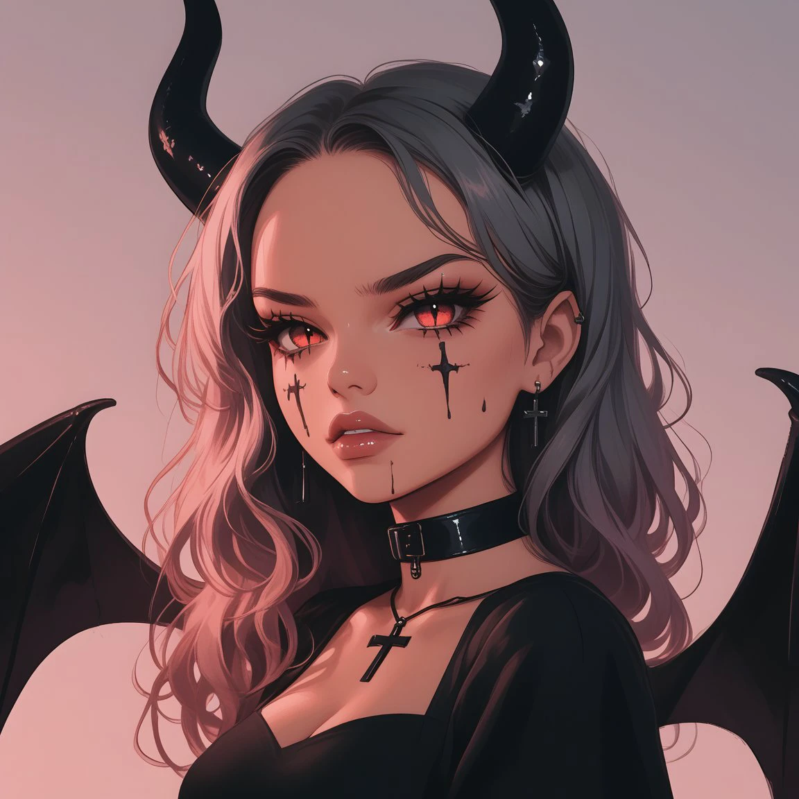 1girl, aesthetic anime girl, demon horns, gothic style, black outfit, choker with pendant, dark makeup, wings,     <lora:Gothic_demon_girl-000003:1>