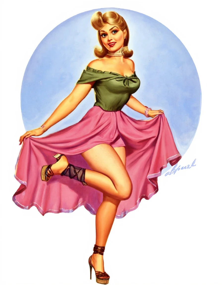 The pinup image depicts a woman in a vintage outfit with a green off-shoulder blouse and a pink skirt that flows out dramatically. The background is a soft blue and the woman has a playful expression on her face. Her shoes are brown high-heeled sandals and she is wearing stockings with garter belts.