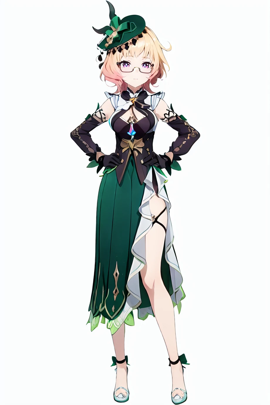 score_9,score_8_up,score_7_up,score_anime,nai3,adult,
8k,best quality,masterpiece,(ultra-detailed),(white background,simple background),solo,(hands on hip:1.1),(full body:1.1),looking at viewer,
<lora:Emilie-sd-Tanger:0.8>,Emilie,default clothes,green dress,1girl,hat,blonde hair,black gloves,glasses,green headwear,purple eyes,multicolored hair,Split skirt side,detached sleeves,