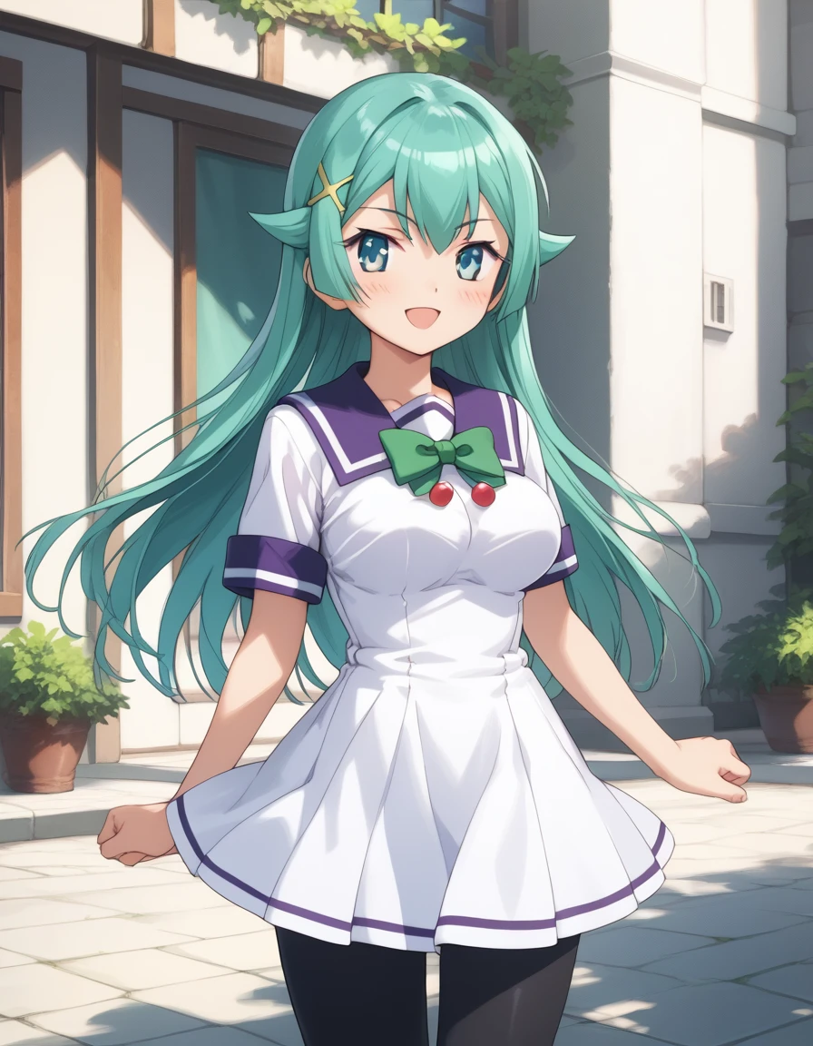 tesla_violet, long hair, hair ornament, aqua hair, green hair, aqua eyes, large breasts,
school uniform, white dress, green bow, serafuku, ribbon, pantyhose
<lora:tesla_violet_pony_v1:1>
standing, dynamic pose ,
open mouth, blush,light smile
looking at viewer,(cowboy shot,:1.3),
outdoors, score_9, score_8_up, score_7_up, BREAK source_anime, best quality, masterpiece,very aesthetic, zPDXL2,official art,detailed_eyes,1girl, solo,