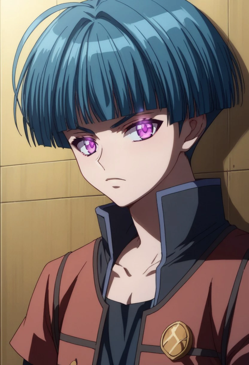 score_9, score_8_up, score_7_up, source_anime, highly detailed, 
elliott, 1boy, solo, purple eyes, male focus, blue hair, bangs, 
ahoge, upper body, blunt bangs, short hair, serious, glowing eyes,
facing viewer, looking at viewer,