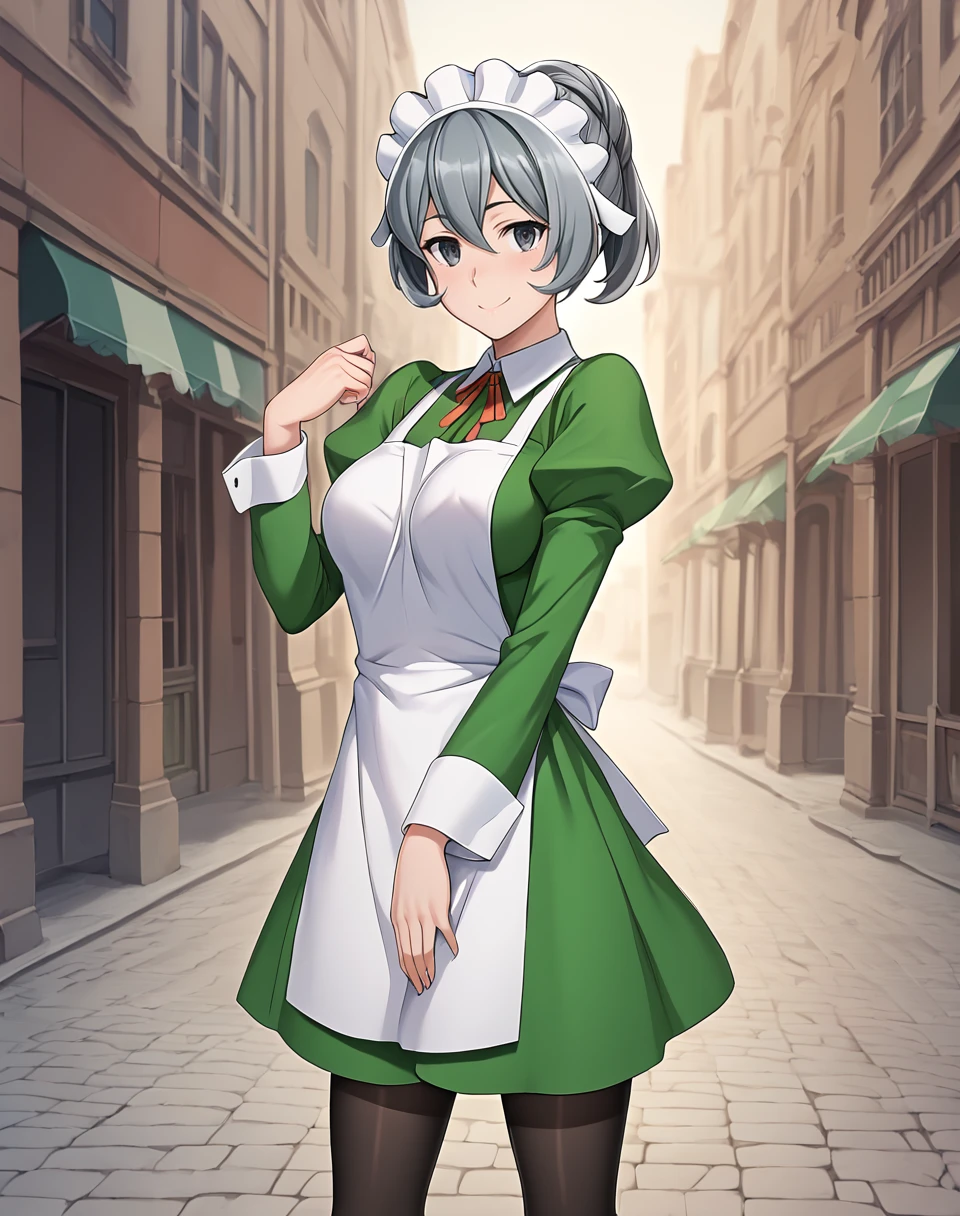 syr_flova, gray hair, medium hair, gray eyes, knot ponytail, medium breasts, official art, hostess maid uniform, green dress, whte apron, puffy sleeves, maid headdress, neck ribbon, black pantyhose, BREAK outdoors,city street, night BREAK sexy pose, looking at viewer, sexy face, sexy smile,  dynamic pose, BREAK score_9, score_8_up, score_7_up, source_anime ,zPDXL, perfect hand,  <lora:Syr_Flova:0.8>