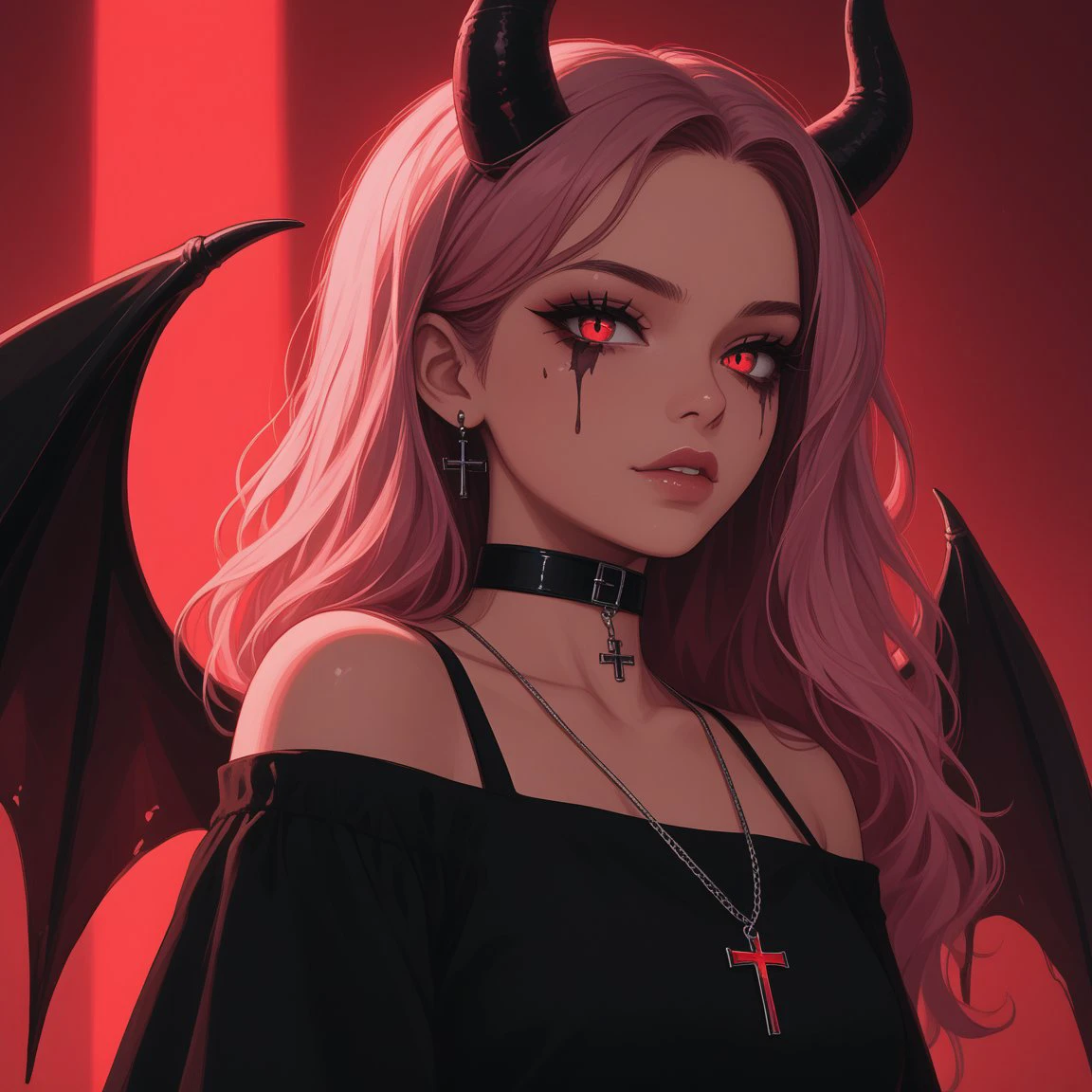 1girl, aesthetic anime girl, demon horns, gothic style, black outfit, choker with pendant, dark makeup, wings,pink and red lighting     <lora:Gothic_demon_girl-000003:0.5>