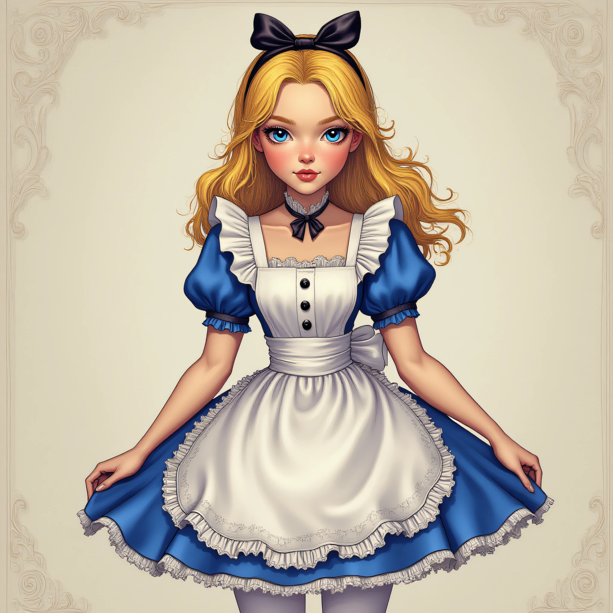 ArsMJStyle, Wonderland, Alice blue eyes, blue dress, white pantyhose, apron, black bow, blonde