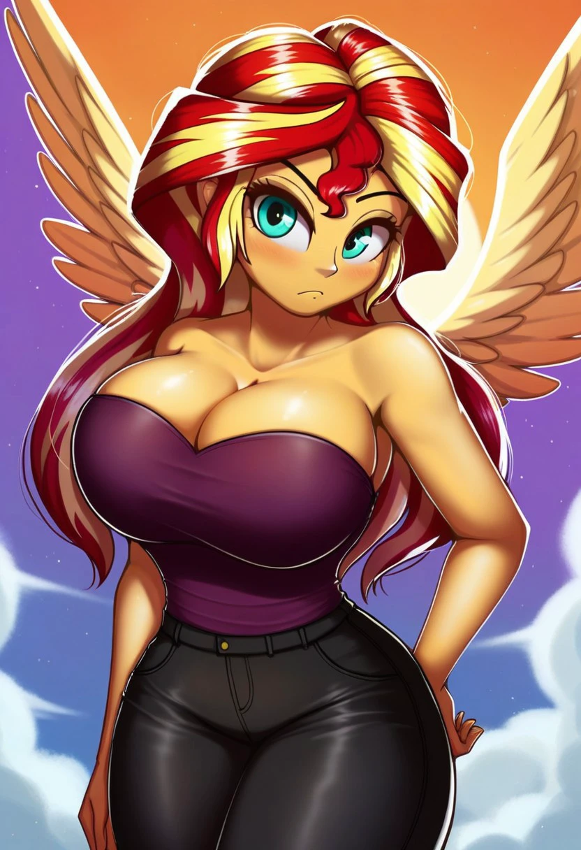 score_9, score_8_up, score_7_up BREAK sunset shimmer, equestria girls, g4, bare shoulders, big breasts, breasts, canterlot high, cleavage, daydream shimmer, female, horn, huge breasts, sleeveless, solo, solo female, strapless, stupid sexy sunset shimmer, wings, zPDXLxxx