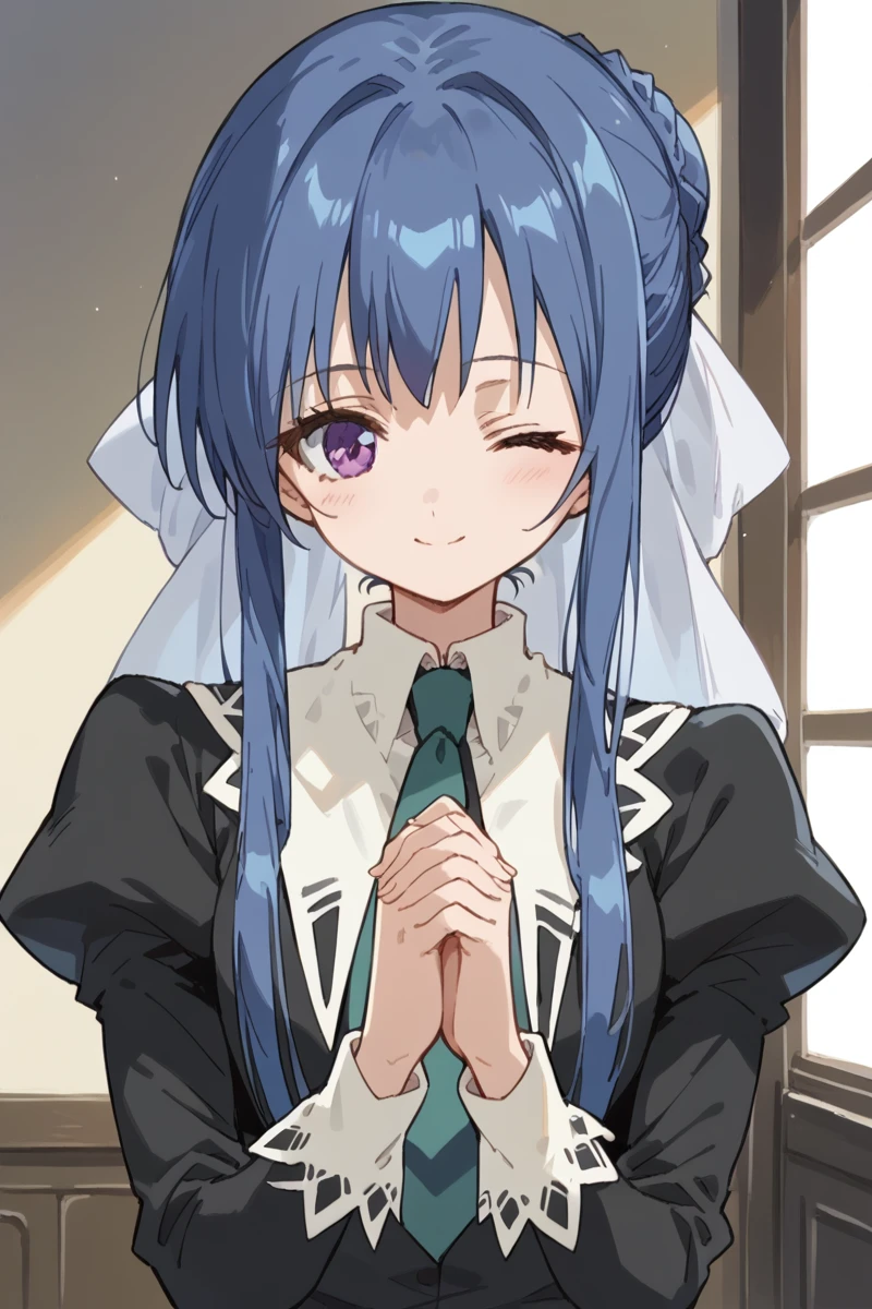 score_9, score_8_up, score_7_up, score_6_up,
 <lora:Tamao_Suzumi:1> tamao, miator, 1girl, solo, one eye closed, blue hair, own hands together, necktie, purple eyes, smile, own hands clasped, school uniform, hair bun, long hair, sidelocks, long sleeves, juliet sleeves