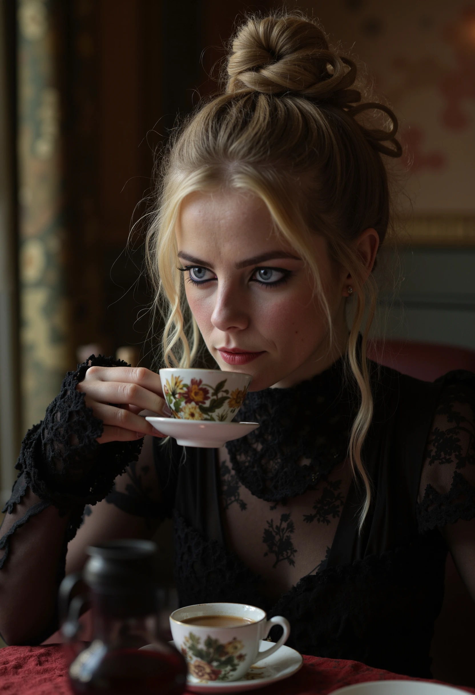 
a victorian dining room, a young woman kayascodelario with blonde hair and black eyes, in dark victorian clothing, seated and drinking some tea with a pensive expression
