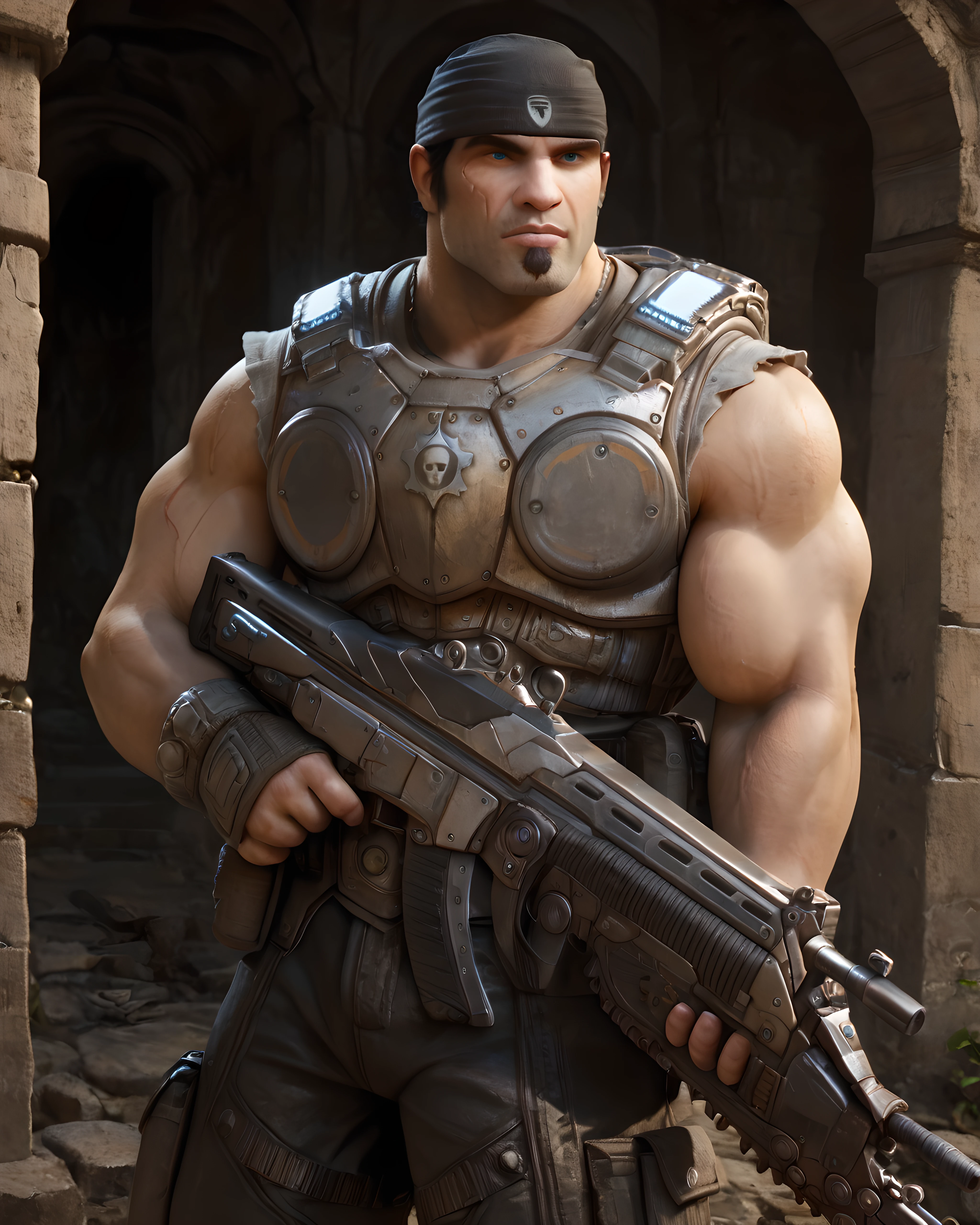 <lora:Marcus_Fenix_PonyXL-10(2):0.9> og_marcus_fenix, ruins, standing, trigger discipline, holding rifle, rifle, (muscular:1.4), (long vertical scar :1.3), goatee, looking at viewer, blue eyes, sleeveless armor, long pants, bandana, score_9, score_8_up, score_7_up,