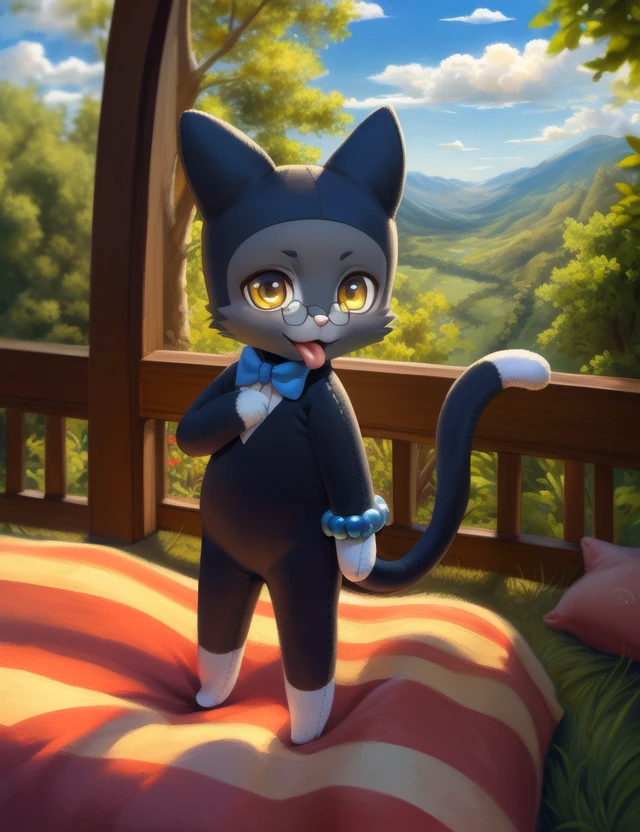 <lora:LuciaPopinQYif:1> LuciaPopinQ, cat, Gold eyes, blue bracelet, glasses, (plush doll body,) chibi, nude, naced,
Looks at the viewer,   (winking face with tongue)
[ large window, (nature), forest, grass, day shining, clouds, flowers, blanket, blue pillows, candles, bed, (pillows,) ](solo focus),
(beautiful, aesthetic, perfect, delicate, intricate, saturated colors), masterpiece, digital drawing, best quality,
[by kenket|by totesfleisch8], by thebigslick:by silverfox5213:0.8], [by syuro, by paloma-paloma::0.2, (Tricksta, TotesFleisch8)