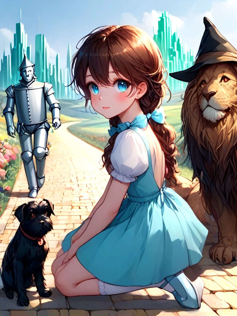 source_anime, oz, dorothy gale, brown hair, blue dress, miniskirt, silver shoes, cowardly lion, black toto, the scarecrow, tin man, looking at viewer, full body, upper body, close-up, emerald city in distance, profile, from side, kneeling on ground, <lora:girllikewizardofoz_pony:1>