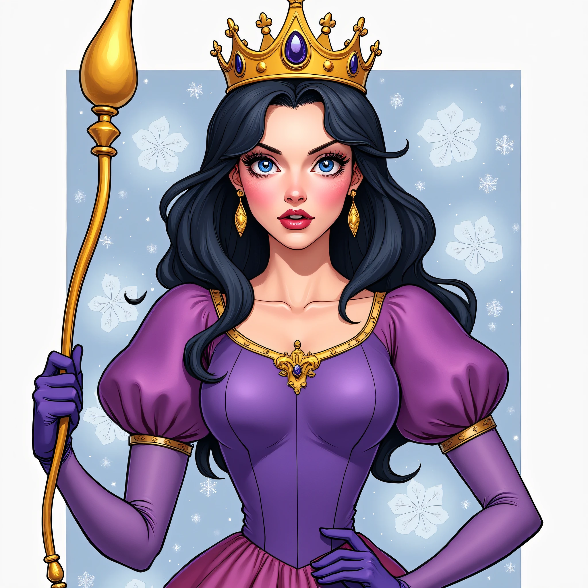 ArsMJStyle, Wonderland, The image shows a woman wearing a purple dress and a crown on her head holding a stick in her hand. She has a determined expression on her face suggesting she is ready to take on any challenge., 1girl, solo, crown, jewelry, earrings, black hair, gloves, blue eyes, open mouth, scepter, lipstick, makeup, puffy sleeves, blush, princess