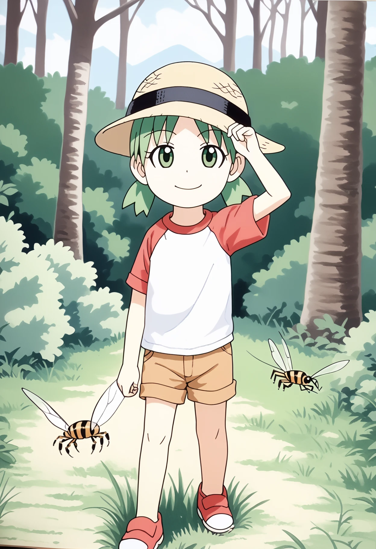 score_9, score_8_up, score_7_up, anime screencap, BREAK
1girl, yotsuba, green eyes, green hair, quad tails,
red raglan sleeves, shorts,
hat,outdoors, closed mouth, trees, grass, chasing insects, smile, solo, forest background(traditional media)   <lora:YotsubaKoiwaiXL:1>