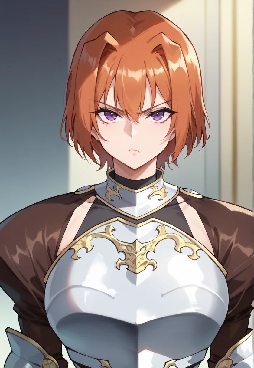 (looking at viewer, standing, serious), <lora:SyliavonbernsteinNSLT:1>  syliavb, short hair, orange hair, purple eyes, black leotard, highleg leotard, brown thighhighs, SyliaArmor , (armor, breastplate, brown gloves, shoulder armor, white dress, gauntlets),, 16k, masterpiece, absurdes, highly detailed, highres, high quality, best quality, score_9, score_8_up, score_7_up, score_6_up, looking at viewer, portrait, upper body