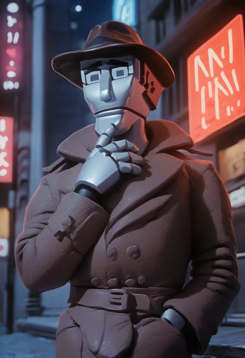 score_9_up, score_8_up, score_7_up, score_6_up, dick_spanner, 1boy, solo, robot, brown fedora, brown trench coat, belt, hand on chin, on a city street, night, neon signs, (painted art)