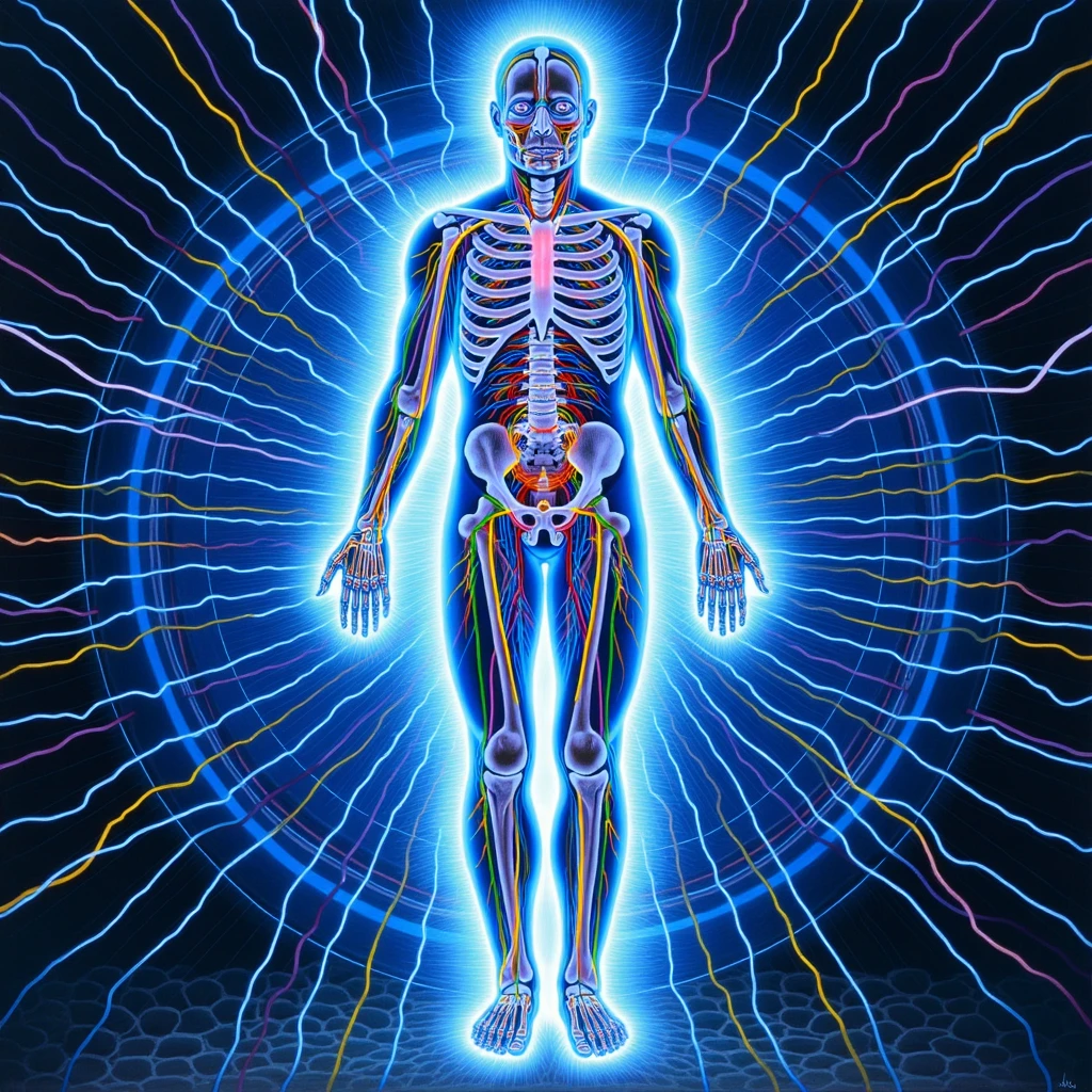 AX6RY, Human figure, glowing lines surrounding body, various colored lines radiating from center, circular patterns in background, blue and white hues