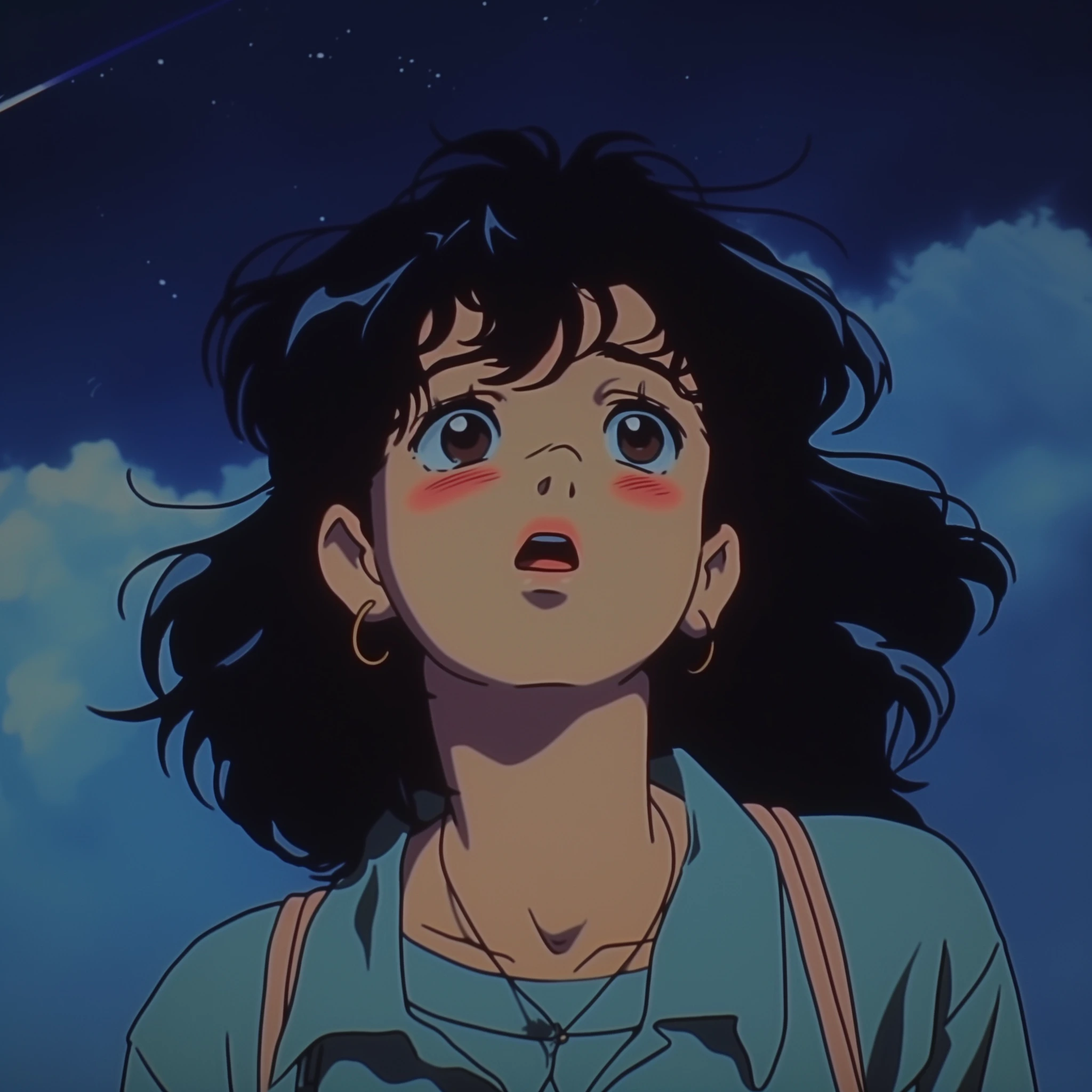 Close-up portrait of a young anime girl with big brown eyes and messy black hair, looking up with an awestruck expression. Night sky background with stars and wispy clouds. Studio Ghibli style, vibrant colors, detailed facial features, rosy cheeks, gold hoop earrings. Character wearing a teal jacket. Dramatic lighting, sense of wonder and amazement