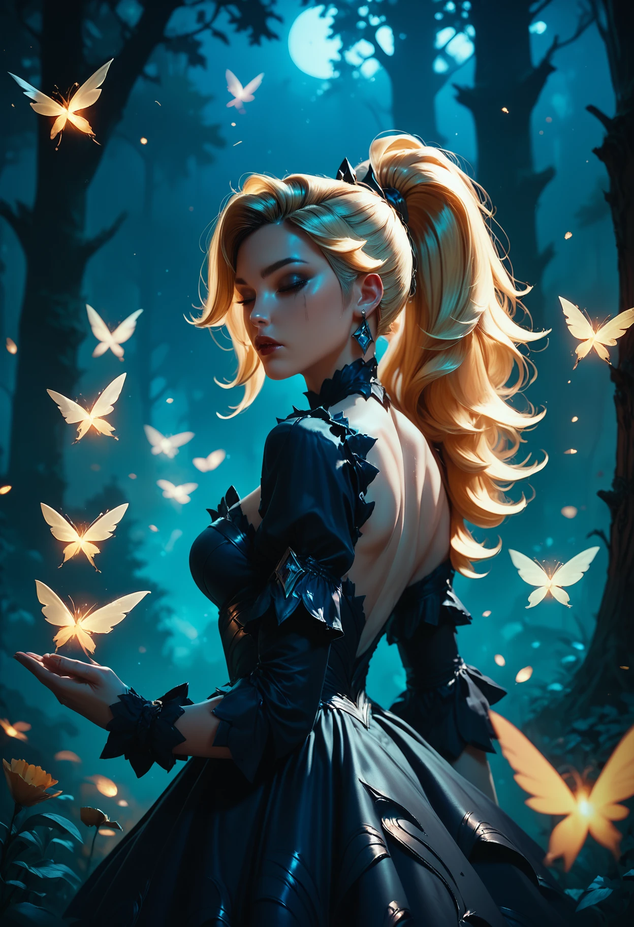 score_9, score_8_up, score_7_up, score_7, score_6_up, score_5_up, 1 woman, surrounded by fireflies, night, mysterious wood, gothic dress, blonde hair, natural makeup high ponytail, reij-clrfl <lora:reij-colorfulartstylePY-000005:0.8>