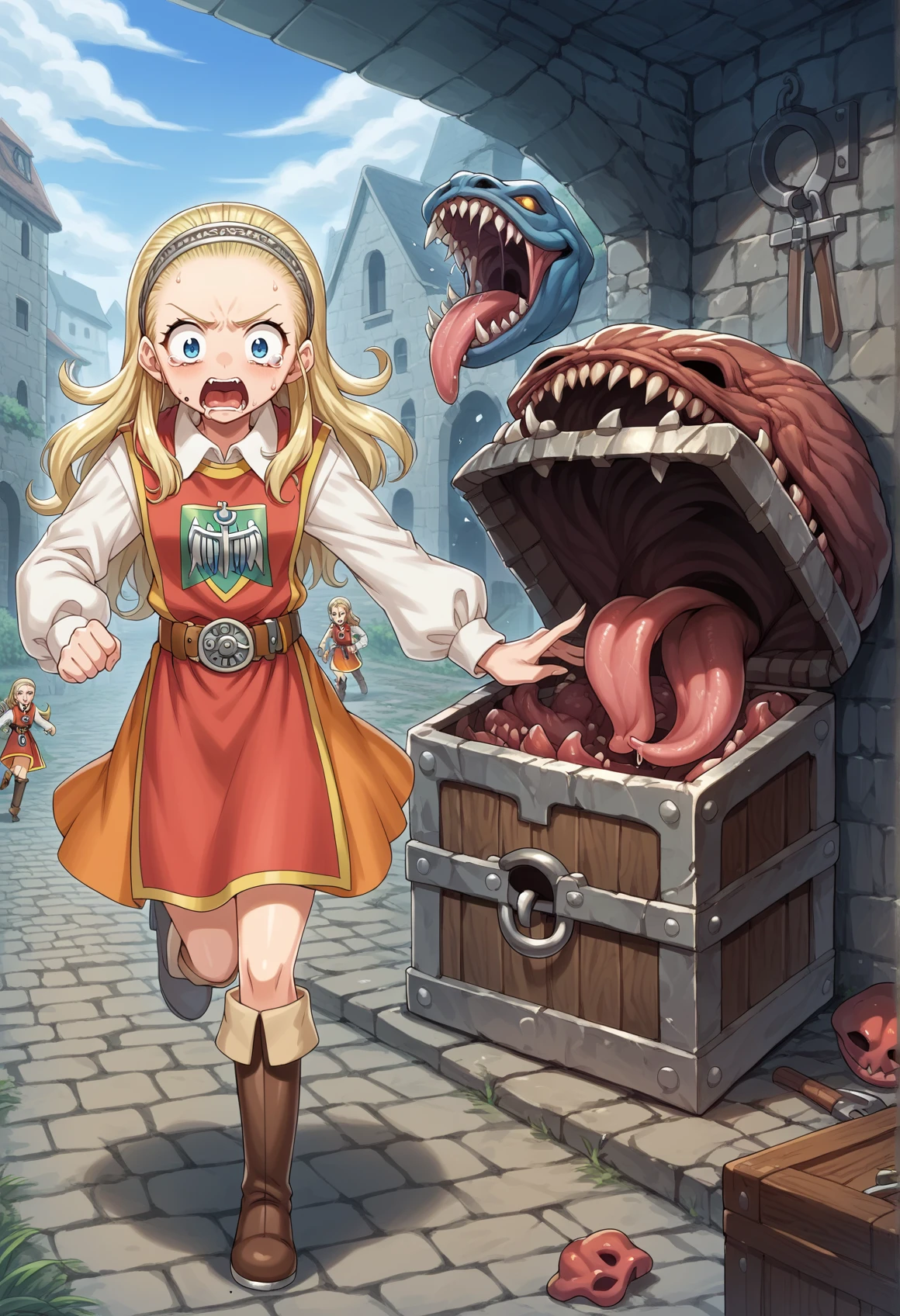 1girl, long hair, blonde hair, blue eyes, hairband, forehead, mole, mole under mouth, tabard, shirt, long sleeves, skirt, boots, belt, boots, scared, running, tears  <lora:Anlucia_DQX:1>
BREAK
dungeon, indoors, mimic chest, sharp teeth, tongue, tongue out, score_9, score_8_up, score_7_up, score_6_up, score_5_up, score_4_up, BREAK source_anime, masterpiece