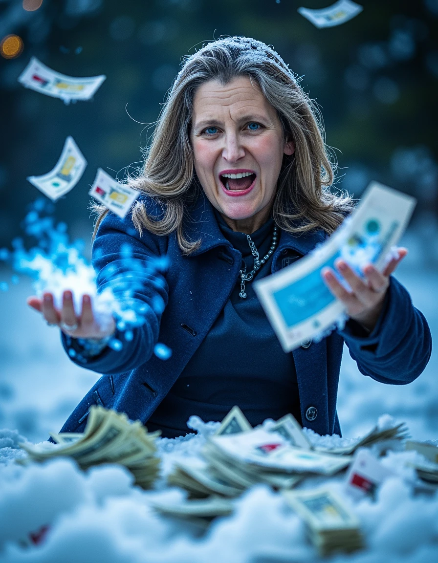 A hyper-realistic scene of Chrystia Freeland as an ice mage, cackling with one of her signature exaggerated expressionsâeyes wide and lips twisted into a wicked grinâas she unleashes a freezing spell. Streams of frost shoot from her hands, encasing wads of cash, bank cards, and financial documents in thick ice. Her face is lit with an eerie blue glow from the spell, capturing her gleeful, almost unhinged expression as she traps the money in icy prison blocks. The frozen bank accounts float in mid-air, each one sealed tight while she laughs triumphantly. The background is a frosty, dark landscape filled with shards of ice, glowing with cold light.
<lora:Chrystia_Freeland:1>