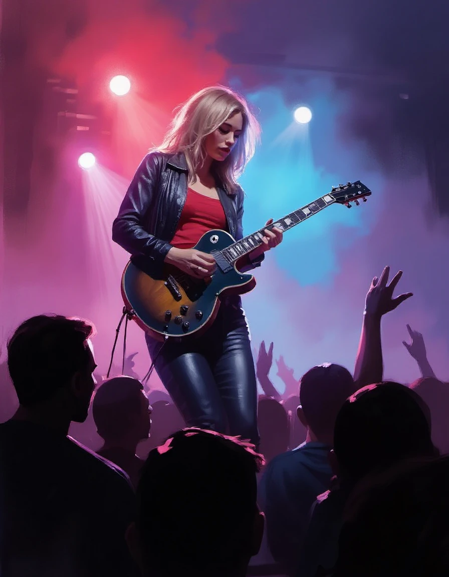 digital painting of a rock-and-roll female singer on stage with dramatic colorful lights and smoke with dark silhouettes of her adoring crowd in the foreground dramatic angle