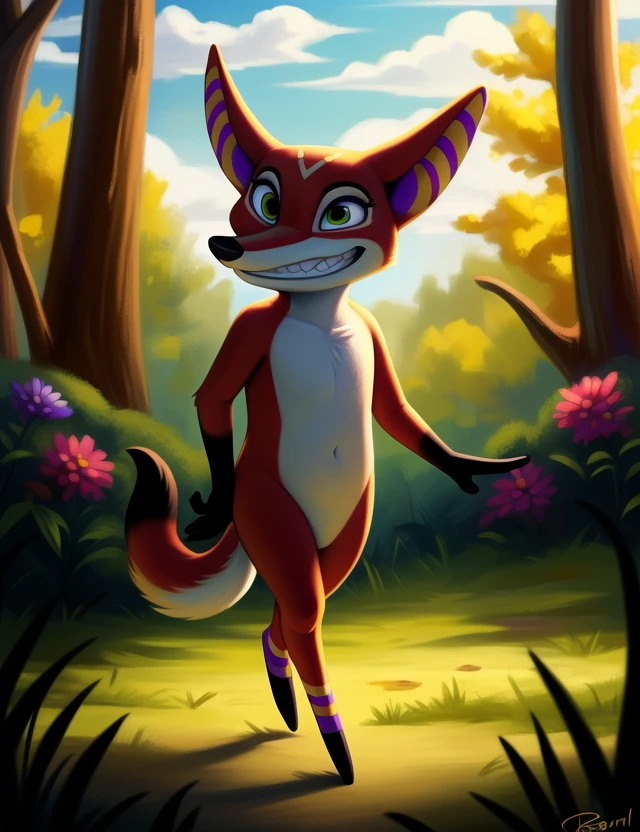 <lora:HueHueCaYif:1> HueHueCa, fox, purple eyelids, green eyes, tail, black hands, chibi, nude,
Looks at the viewer, (((walking ))) ,(thin, skinny,, grin,)
[ large window, (nature), forest, grass, day shining, clouds, flowers, blanket, blue pillows, candles, bed, pillows, ](solo focus),
(beautiful, aesthetic, perfect, delicate, intricate, saturated colors), masterpiece, digital drawing, best quality,
[by personalami], by smitty g, [[[by Foxovh]]], [[by Ross Tran]]