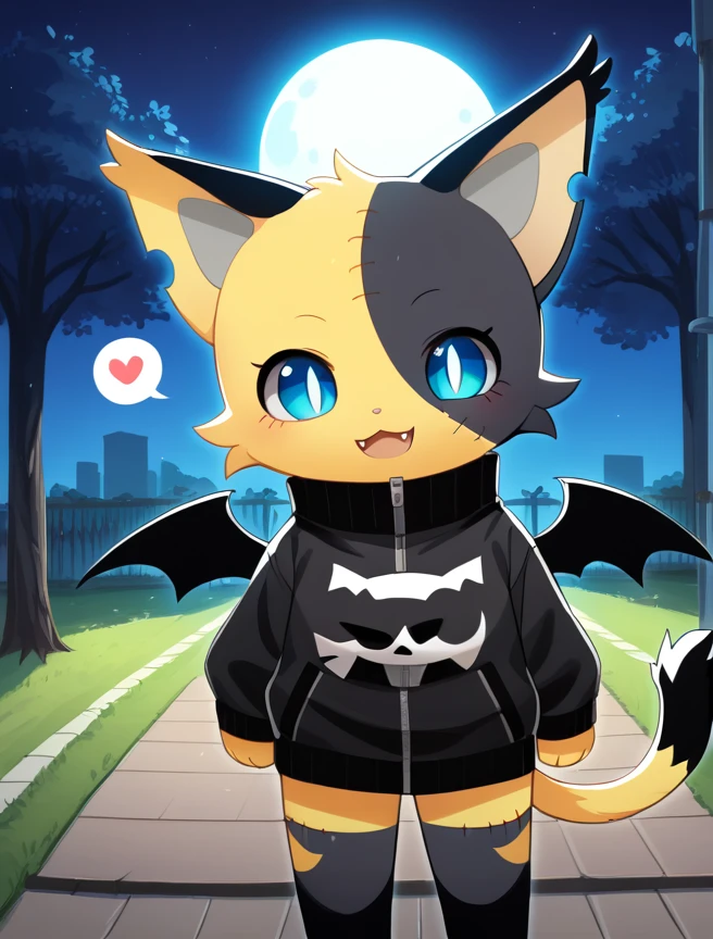 score_10, score_9_up, score_8_up, Vampire_Rico, solo, looking at viewer, blue eyes, wings, no humans, :3, cat, bat wings, stitches, furry, lion_tail, yellow fur, black fur, two tone fur, black leg, yellow and black fur on head, black fur around one eye, spoken heart, happy, exited, smile, park, moonlight, full moon, glowing eyes, rating_safe, bow