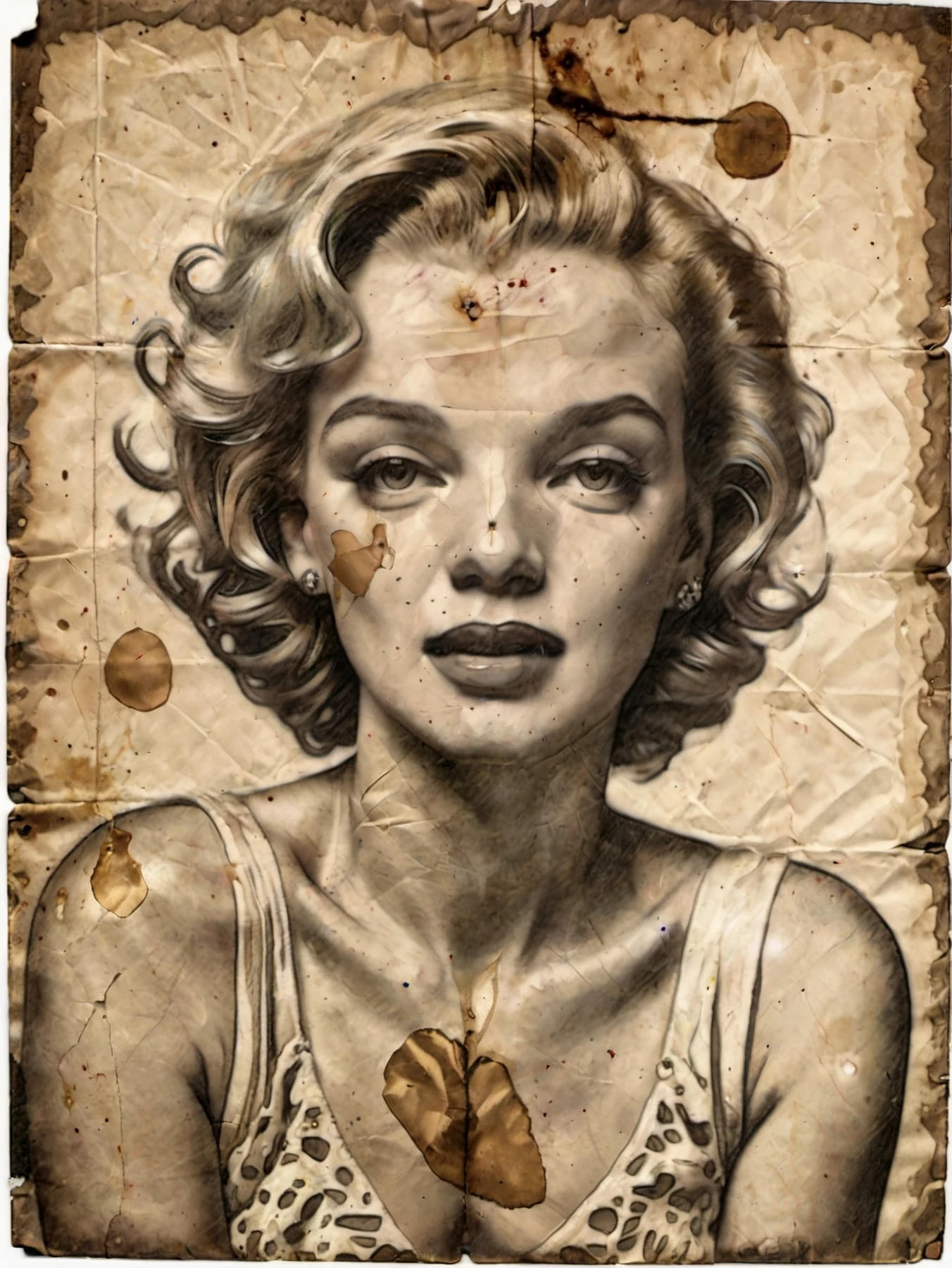 Stained and creased paper.

An early drawing of Marilyn Monroe.

<lora:OldPaper01-00_CE_SDXL_128OT:0.8> oldpprCE