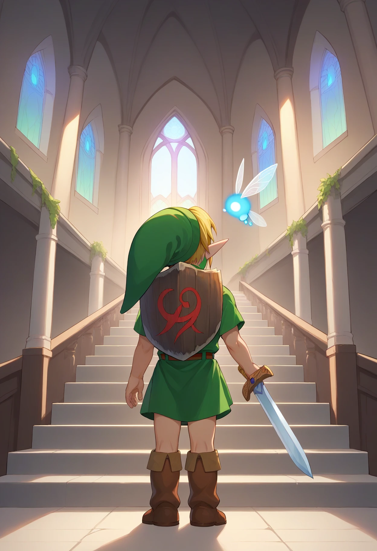 score_9, score_8_up, score_7_up, BREAK,
1boy, younglink, blonde hair, fairy,
 from behind, hat, link, long hair, master sword, pointy ears, shield, stairs, sword, weapon, weapon on back, 
indoors, no light, dark, cathedral background <lora:YoungLinkXL:1>