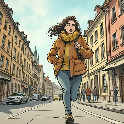 cartoon style of Korcsmaros, a women running after a man in a city